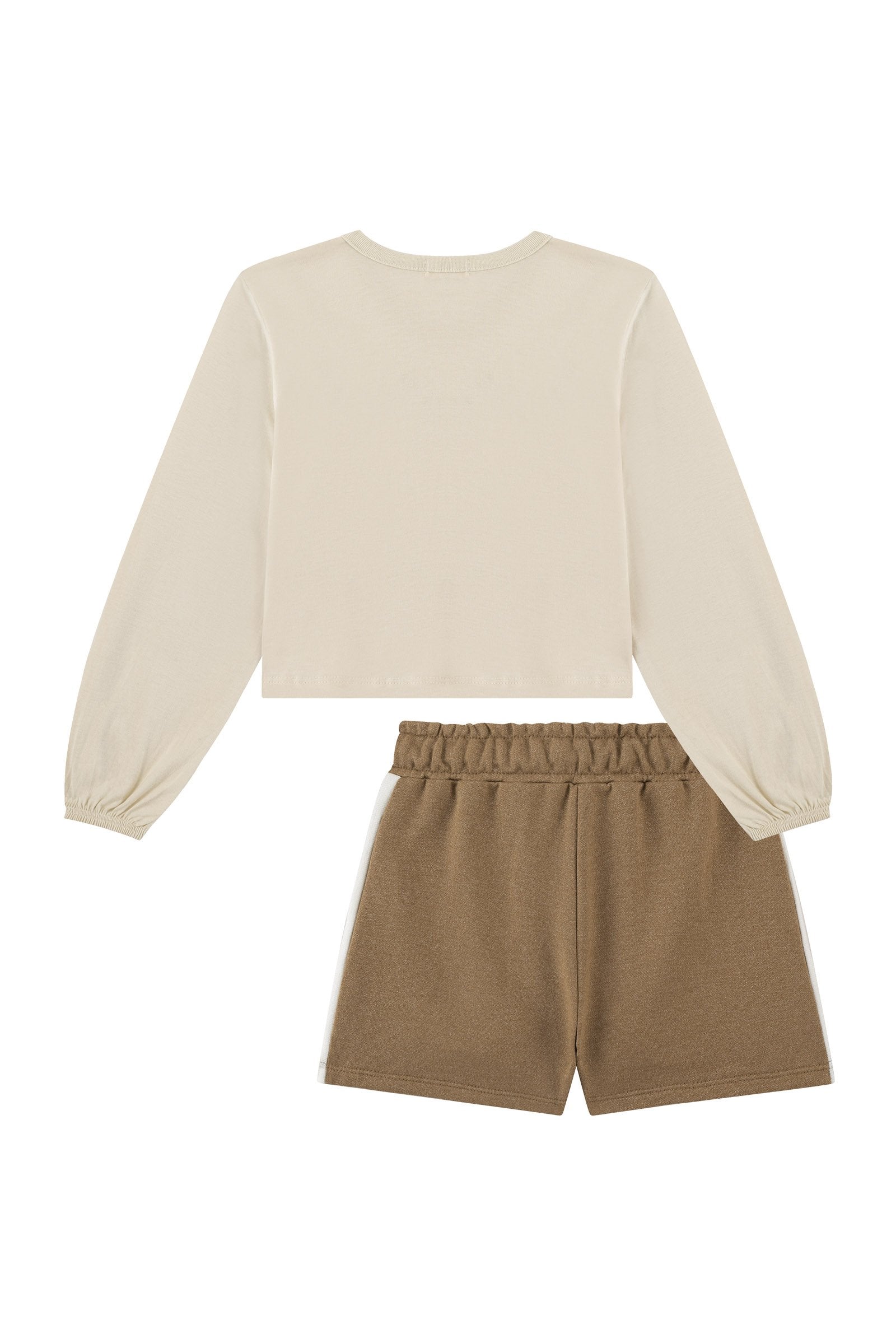 Conjunto de Blusa Boxy Over em Meia Malha e Shorts em Moletom Rajado sem Pelúcia 89592 Kukiê Infantil Menina