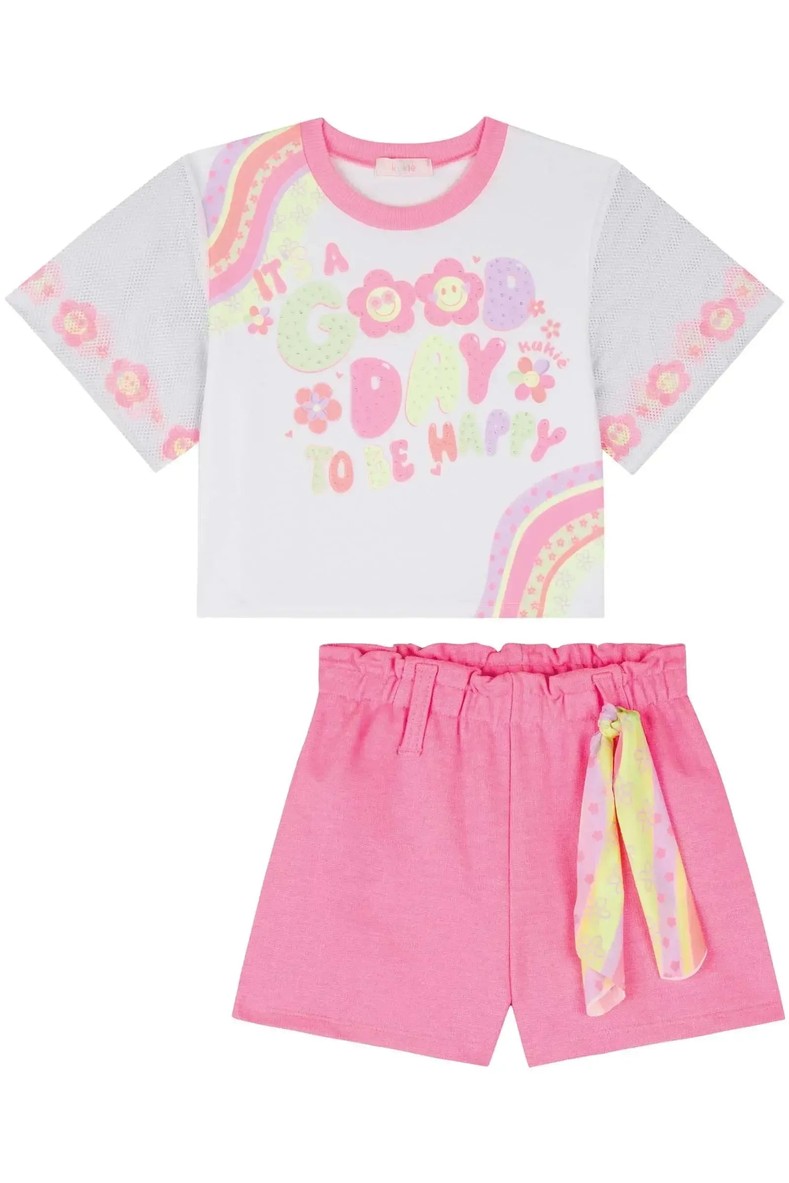 Conjunto de Blusa Boxy Over em Meia Malha e Shorts em Moletom sem Pelúcia 85805 Kukiê Infantil Menina