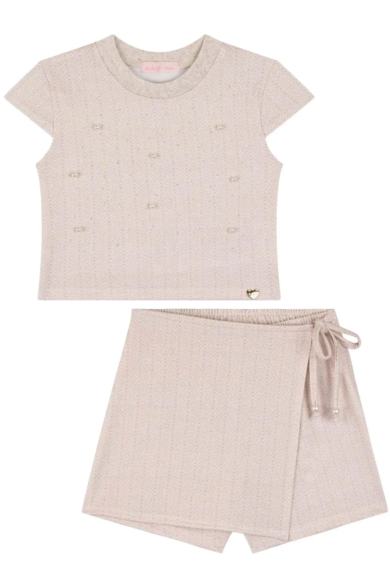 Conjunto de Blusa Cropped e Short Saia em Molecotton 83941 Kukiê Infantil Menina