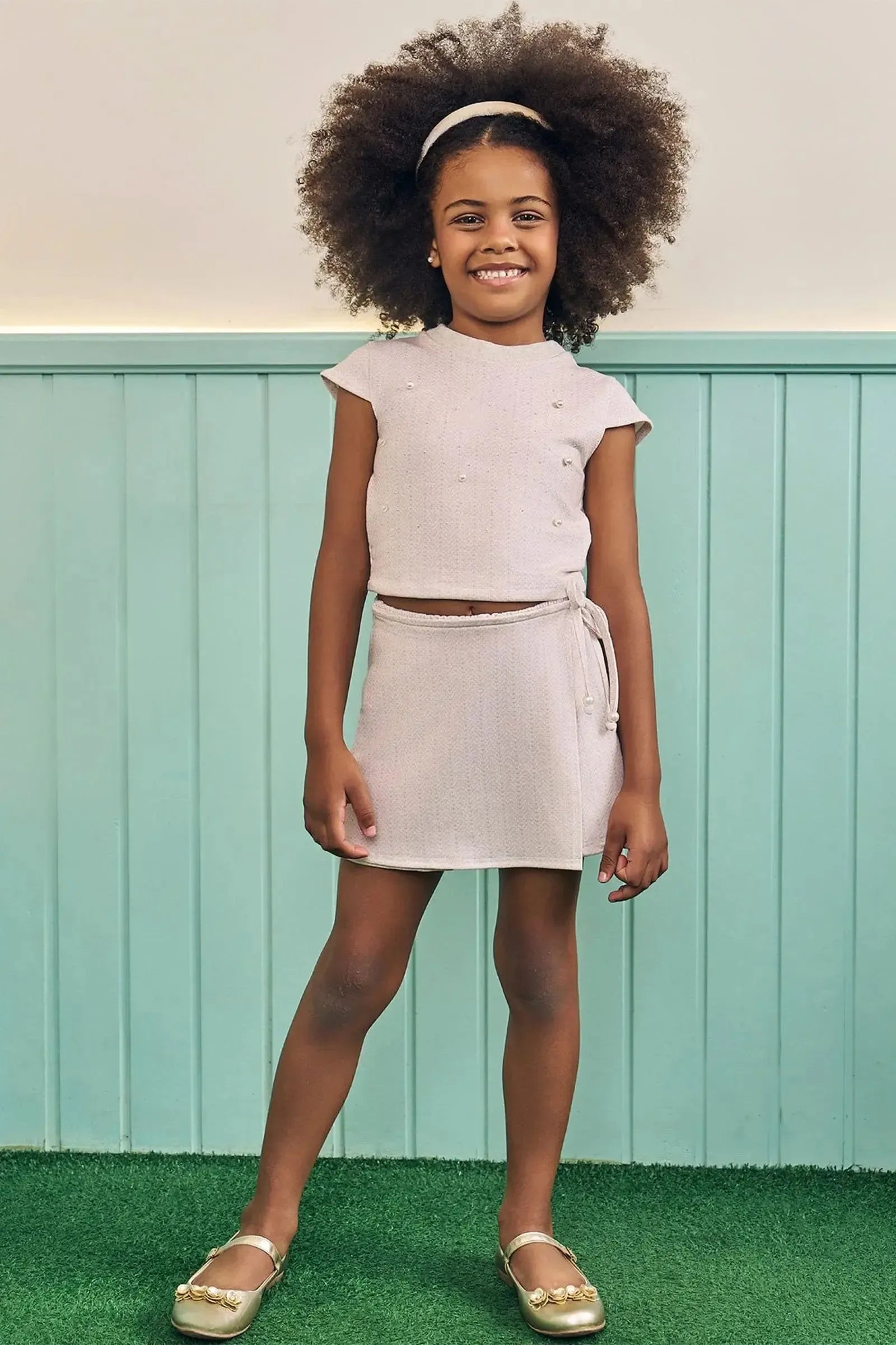 Conjunto de Blusa Cropped e Short Saia em Molecotton 83941 Kukiê Infantil Menina