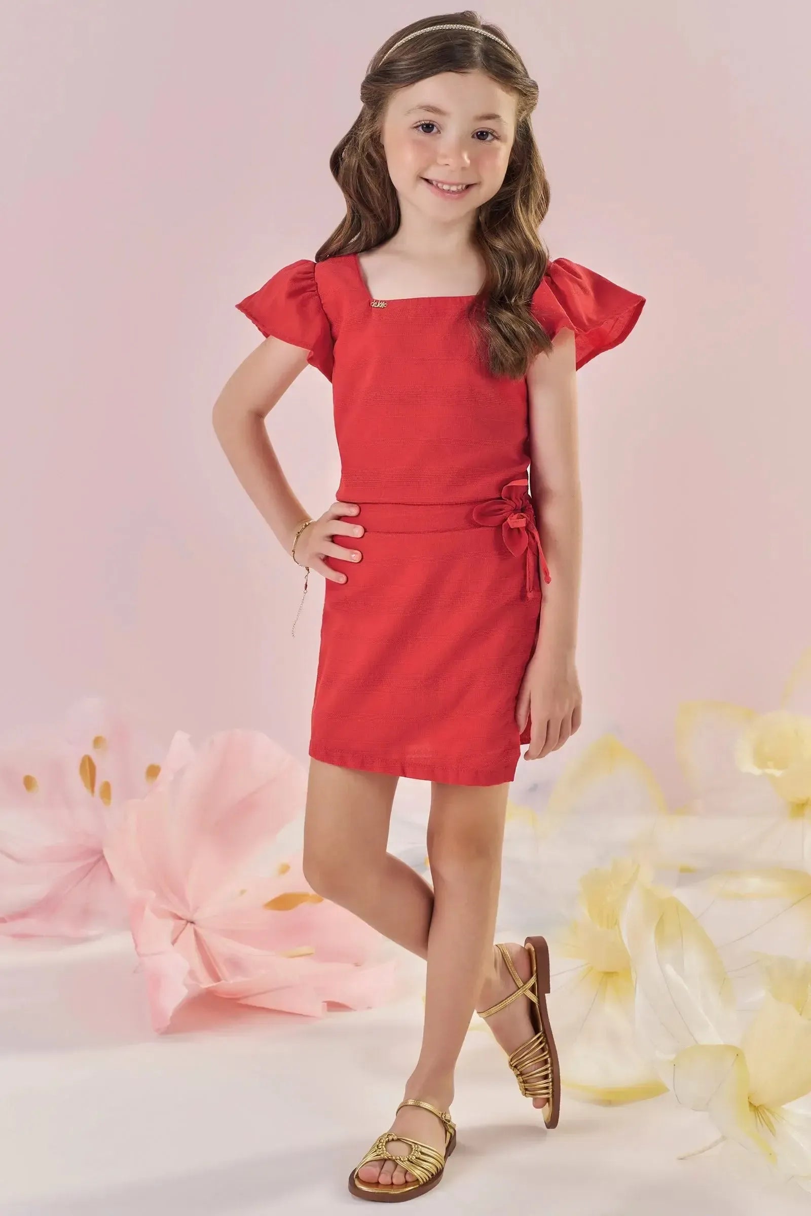 Conjunto de Blusa Cropped e Short Saia em Tricoline Textura 100% Algodão 87333 Kukiê Infantil Menina