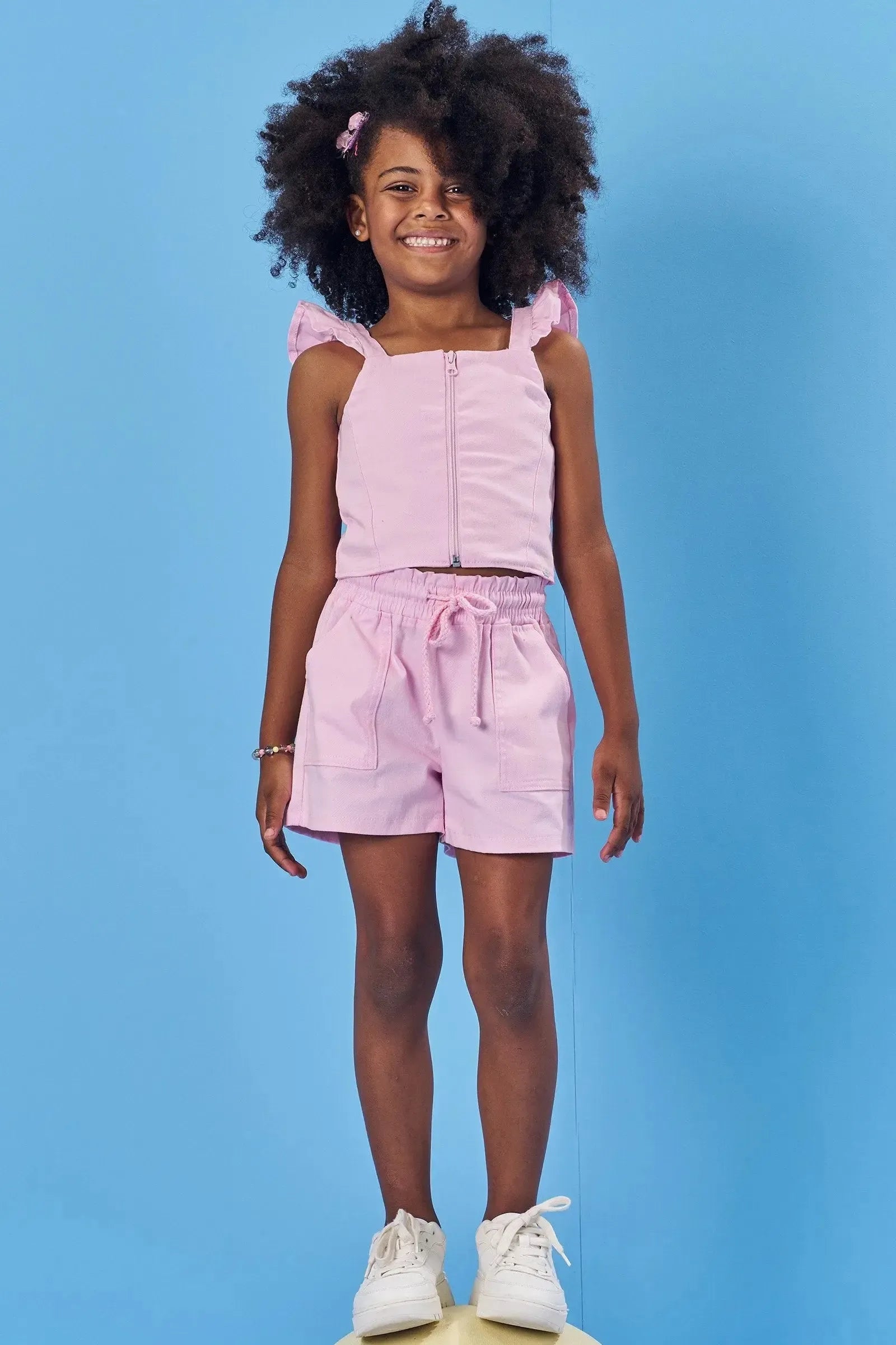 Conjunto de Blusa Cropped e Shorts em Sarja 84260 Kukiê Infantil Menina