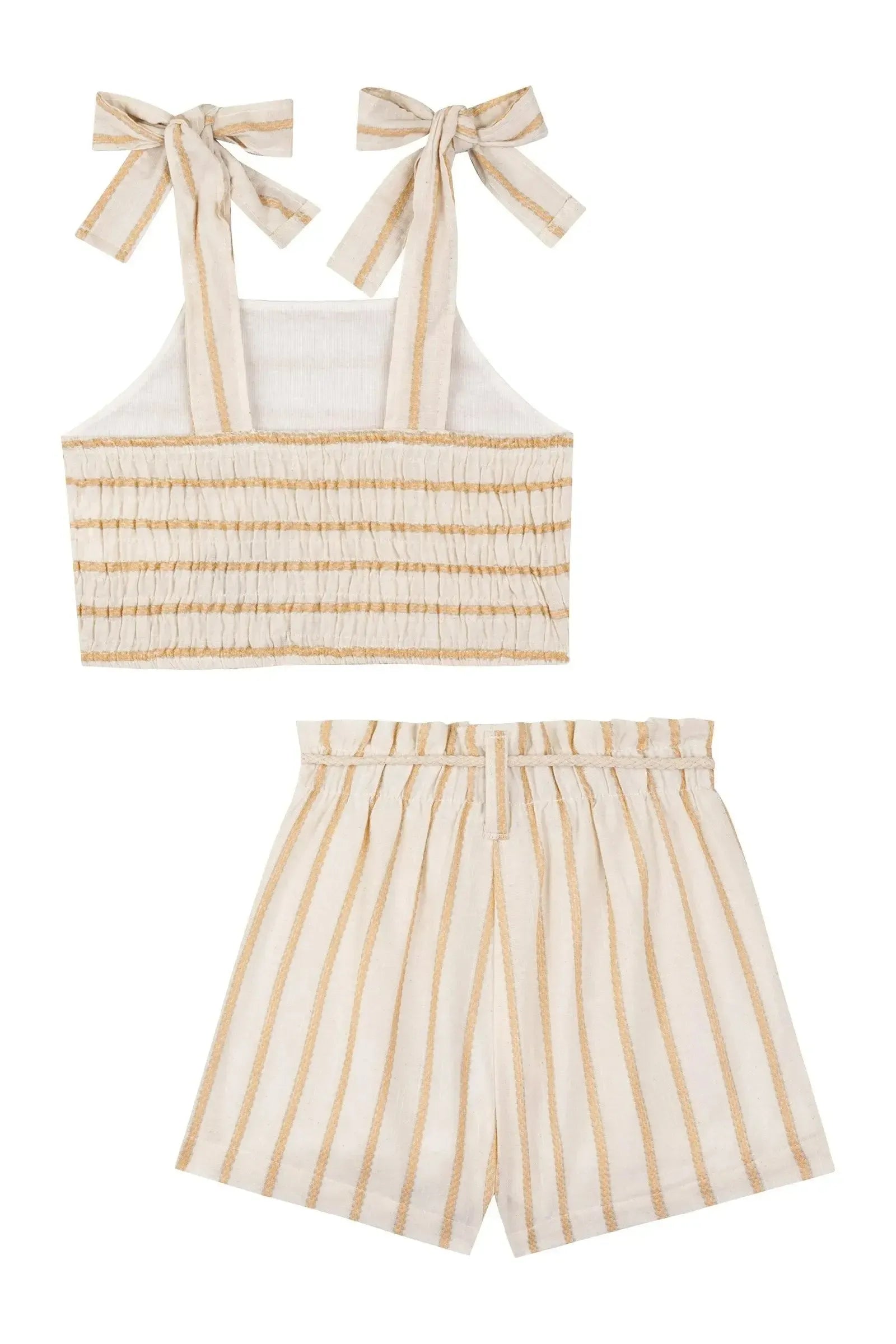 Conjunto de Blusa Cropped e Shorts em Tricoline Linho Listras 86467 Kukiê Infantil Menina