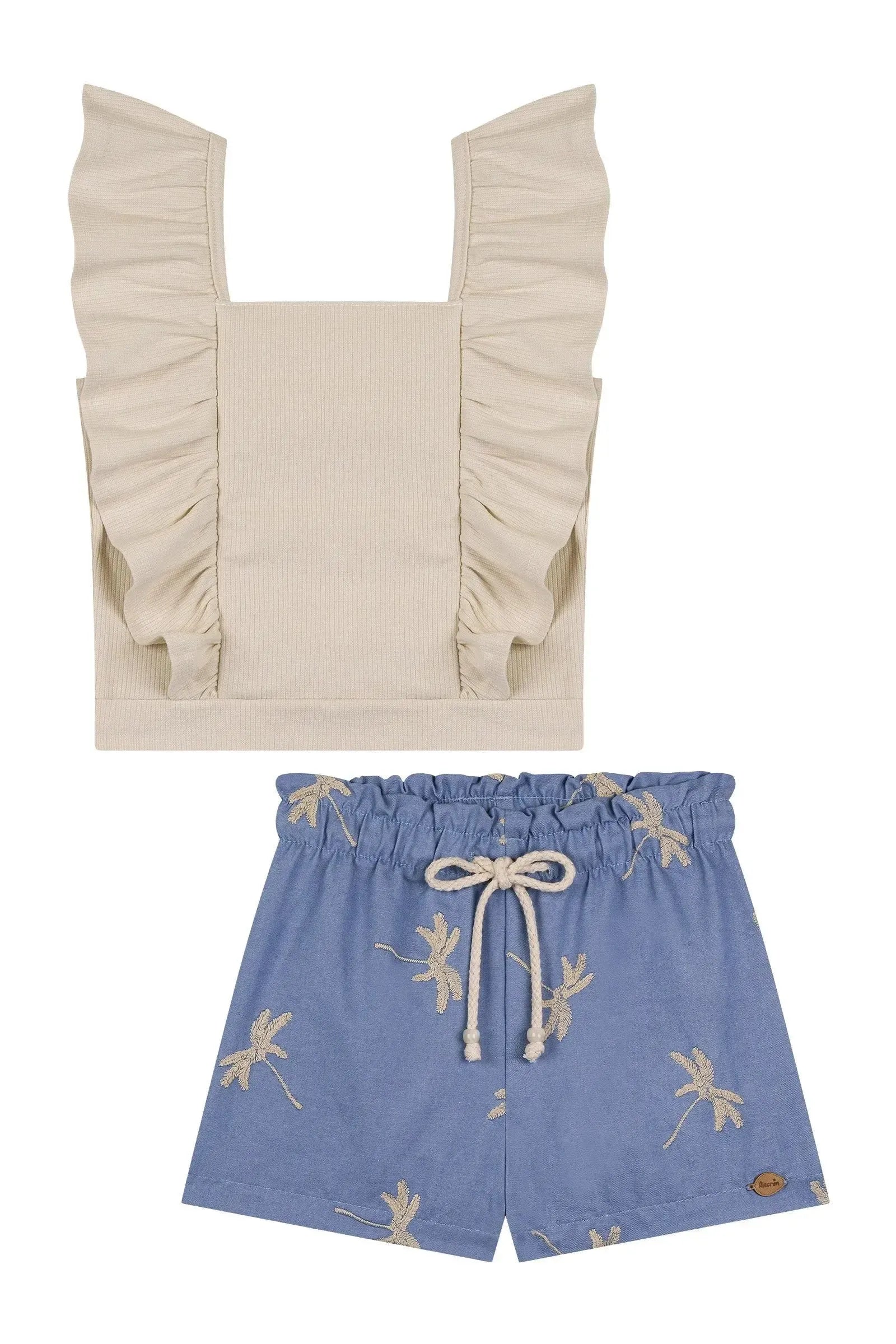 Conjunto de Blusa Cropped em Canelado Liz e Shorts em Jeans Bordado 86492 Kukiê Infantil Menina