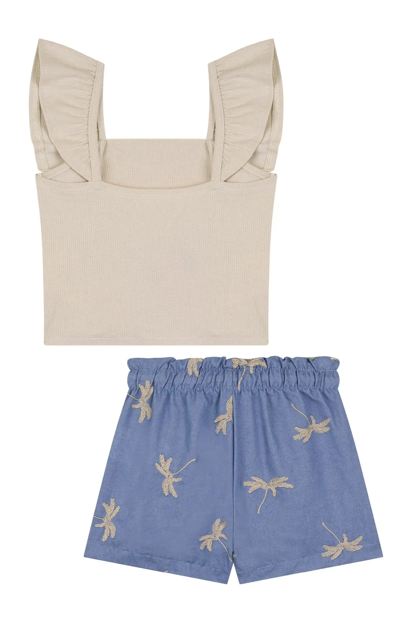 Conjunto de Blusa Cropped em Canelado Liz e Shorts em Jeans Bordado 86492 Kukiê Infantil Menina