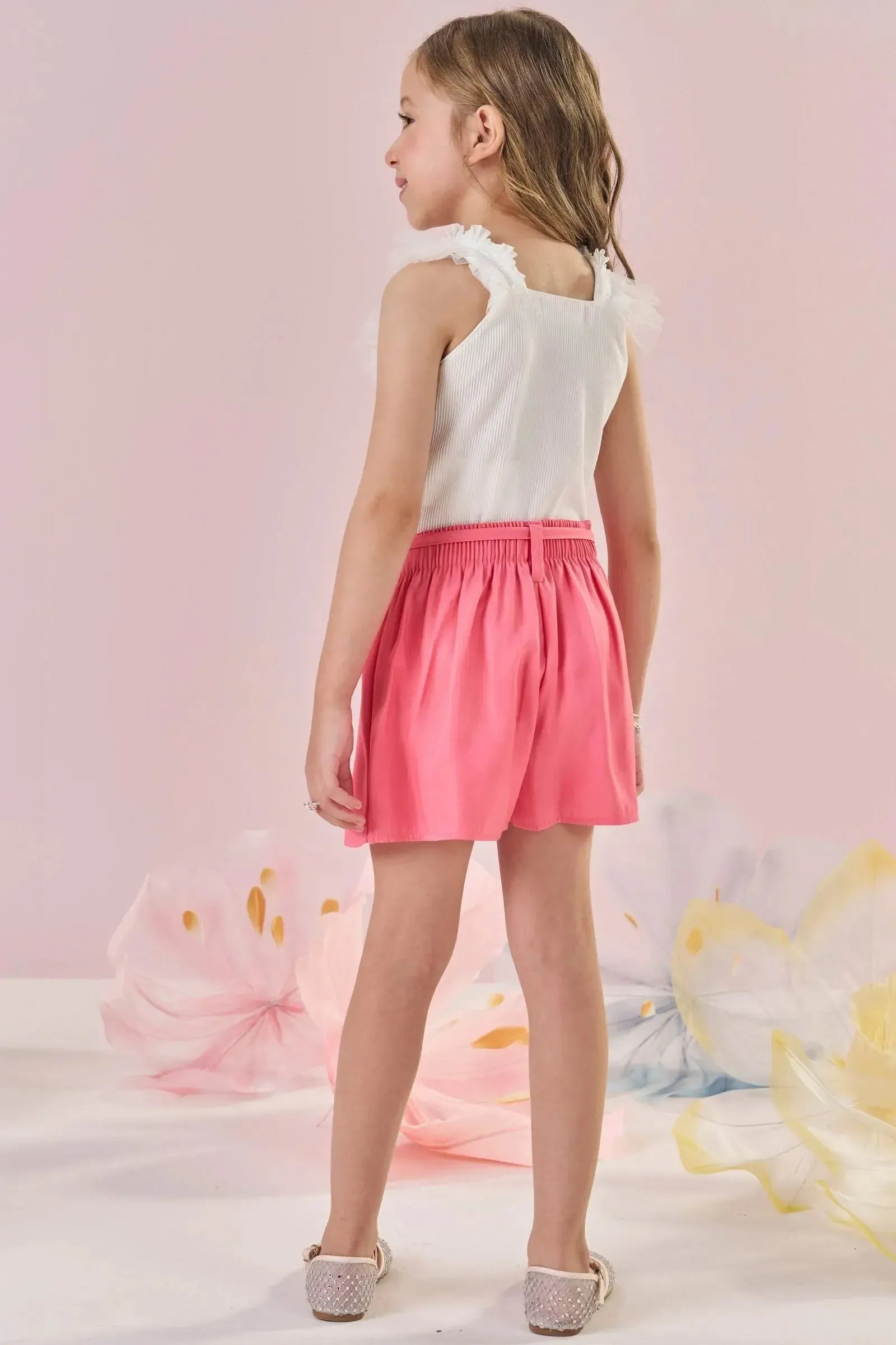 Conjunto de Blusa Cropped em Soft Line e Short Saia em Tecido Shine 87337 Kukiê Infantil Menina