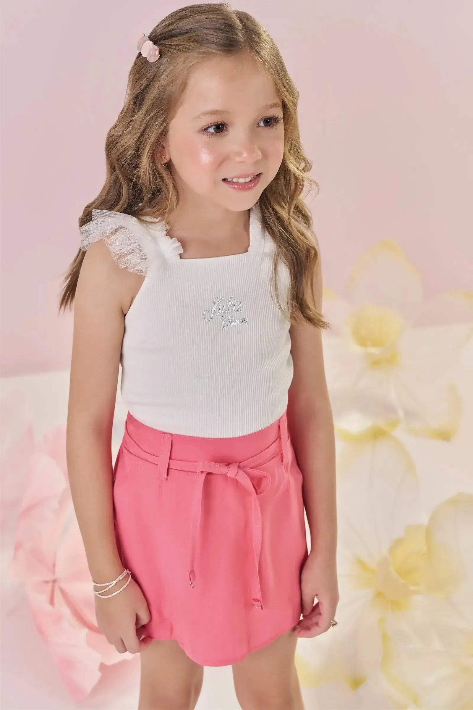 Conjunto de Blusa Cropped em Soft Line e Short Saia em Tecido Shine 87337 Kukiê Infantil Menina