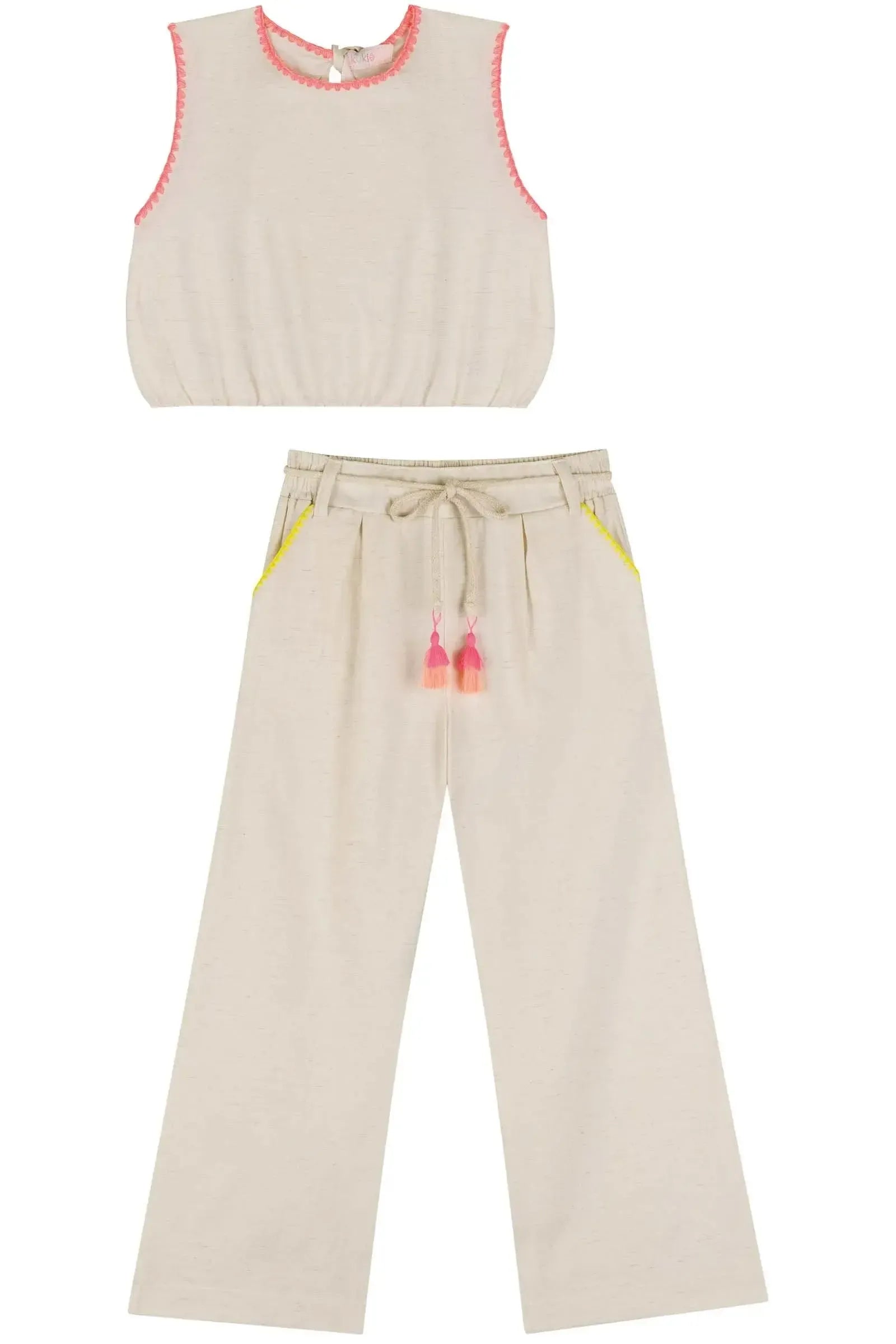 Conjunto de Blusa e Calça Wide Leg em Tecido Linho com Elastano 84179 Kukiê Infantil Menina