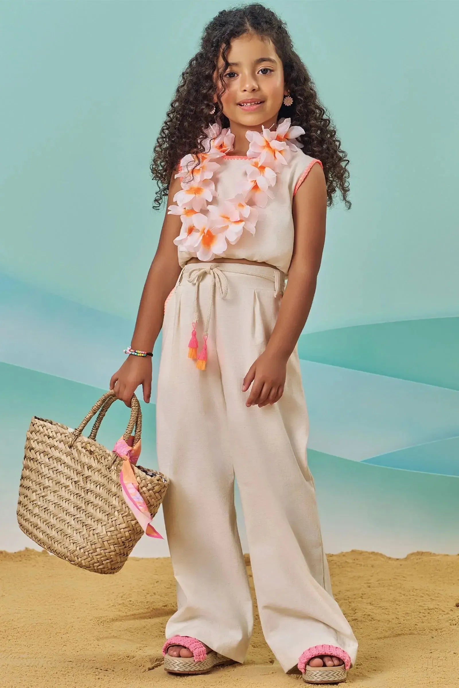 Conjunto de Blusa e Calça Wide Leg em Tecido Linho com Elastano 84179 Kukiê Infantil Menina