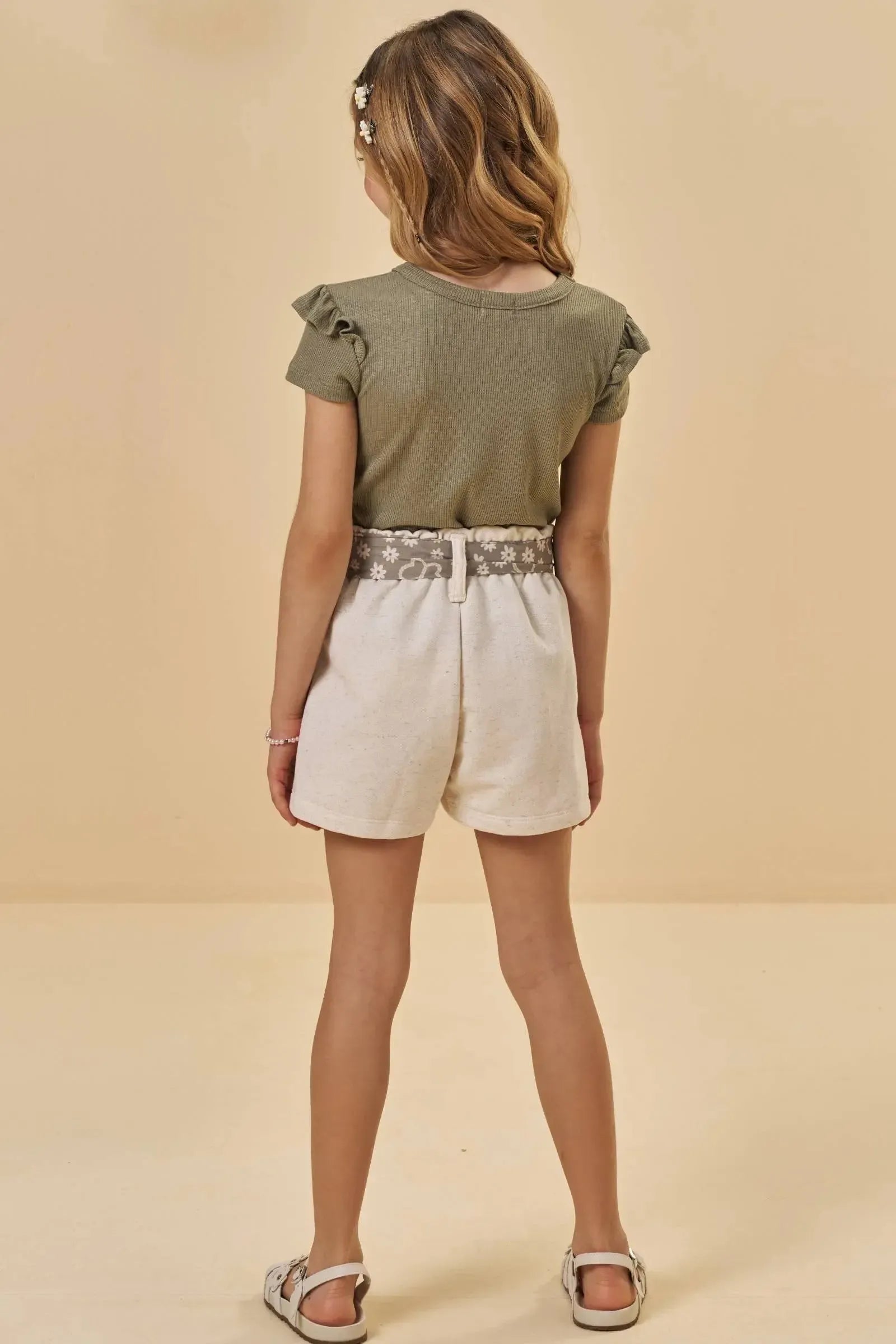 Conjunto de Blusa em Canelado de Viscose e Shorts em Moletom Linho sem Pelúcia 98034 Kukiê Infantil Menina
