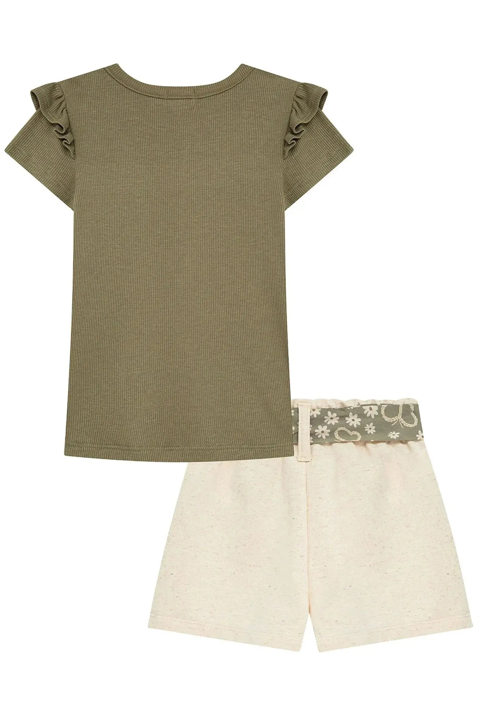 Conjunto de Blusa em Canelado de Viscose e Shorts em Moletom Linho sem Pelúcia 98034 Kukiê Infantil Menina