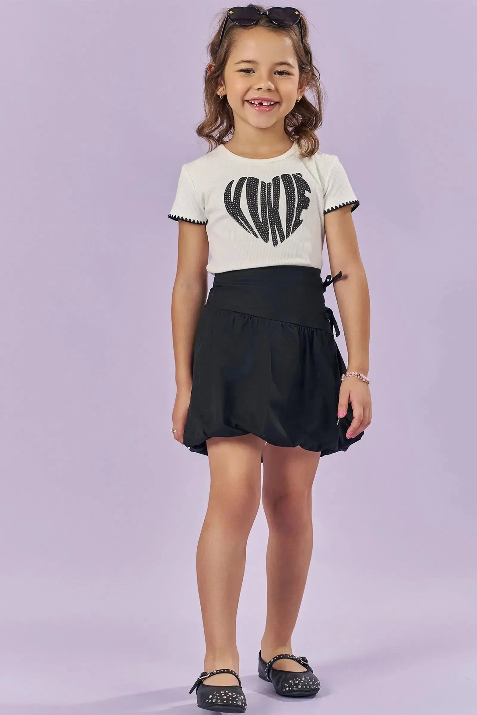 Conjunto de Blusa em Canelado e Saia Banolê em Tricoline com Elastano 84916 Kukiê Infantil Menina