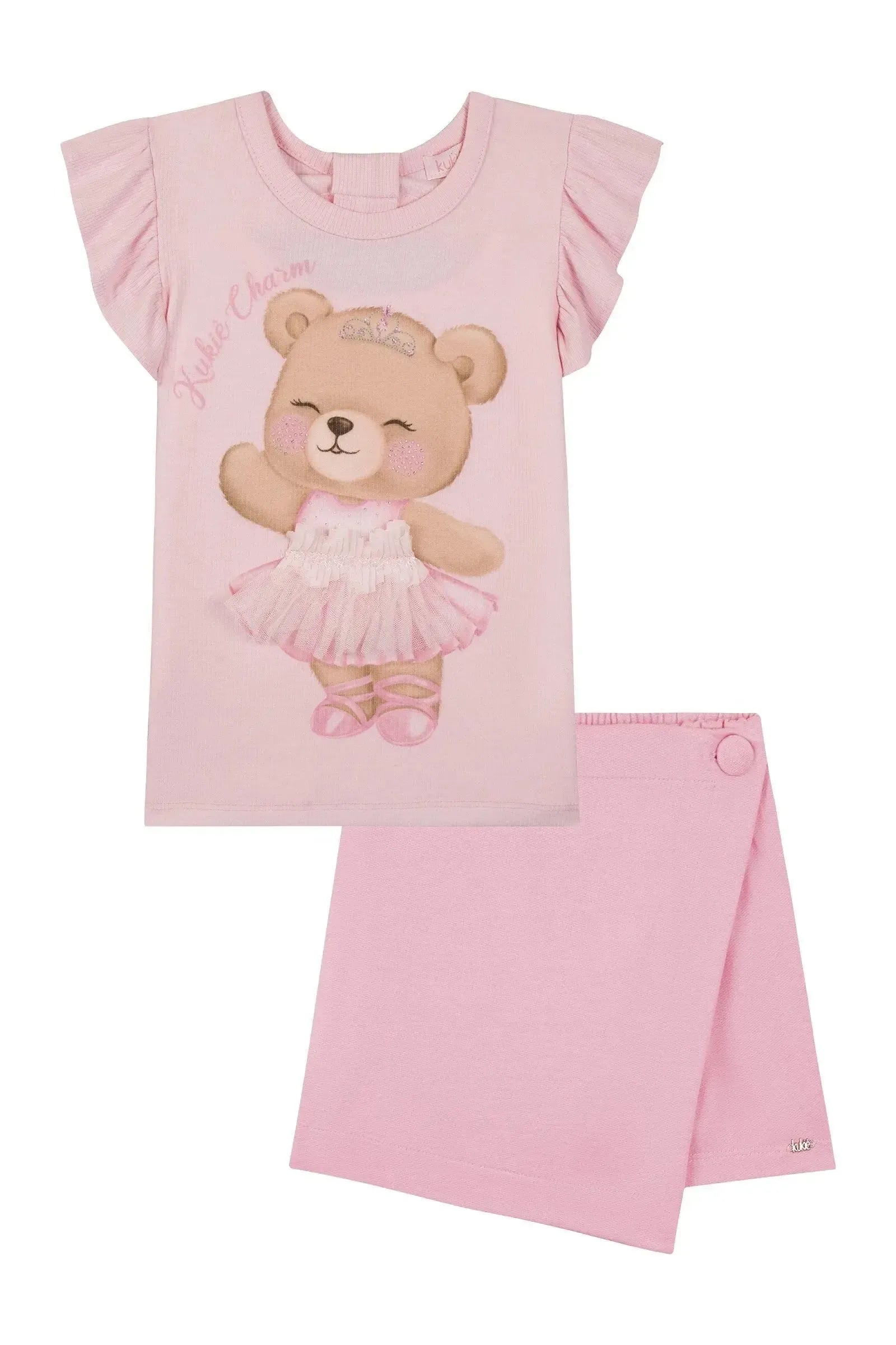 Conjunto de Blusa em Canelado e Short Saia em Moletom sem Pelúcia 87324 Kukiê Infantil Menina