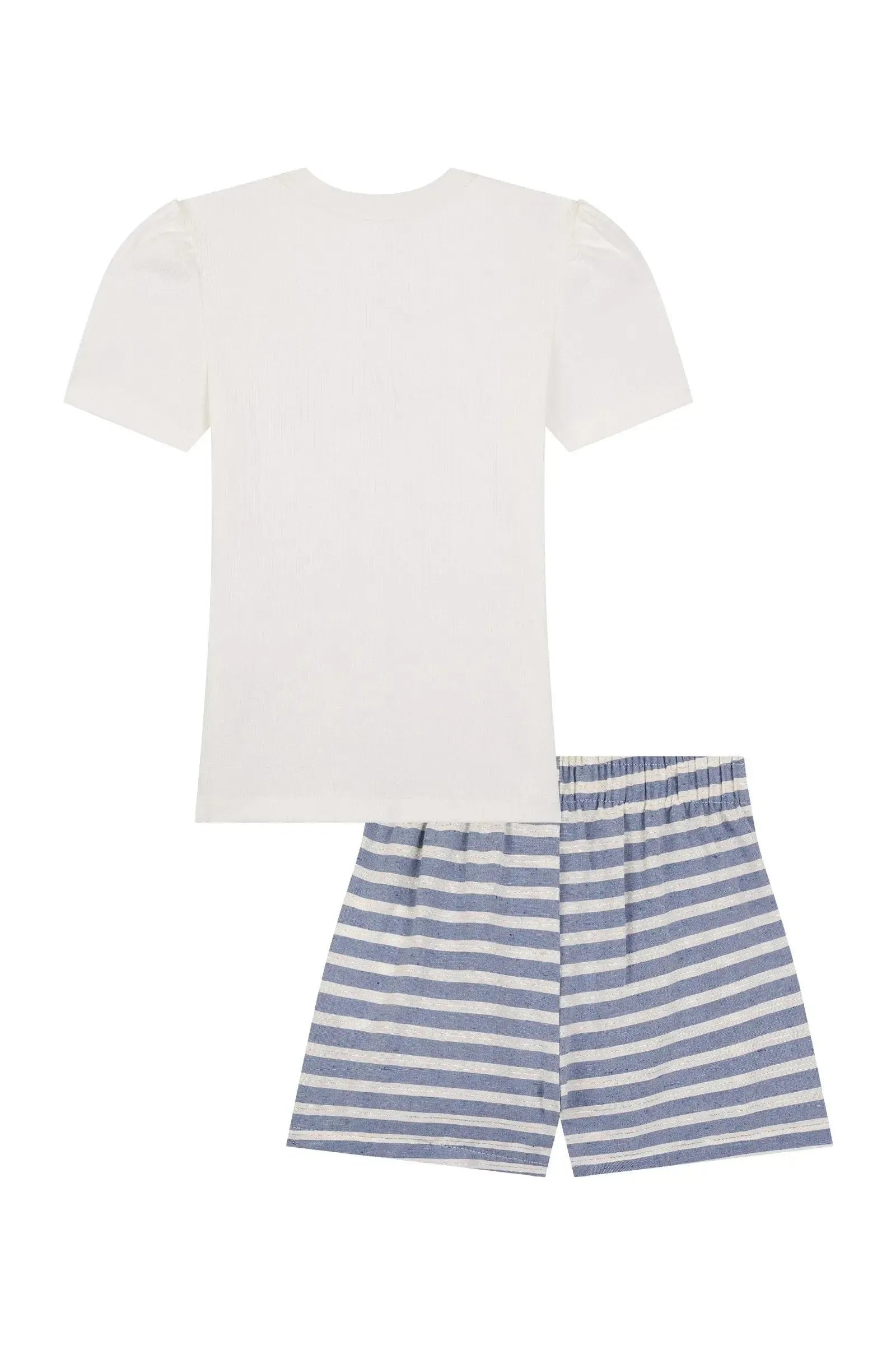 Conjunto de Blusa em Canelado e Shorts em Tricoline Listrado 87791 Kukiê Infantil Menina