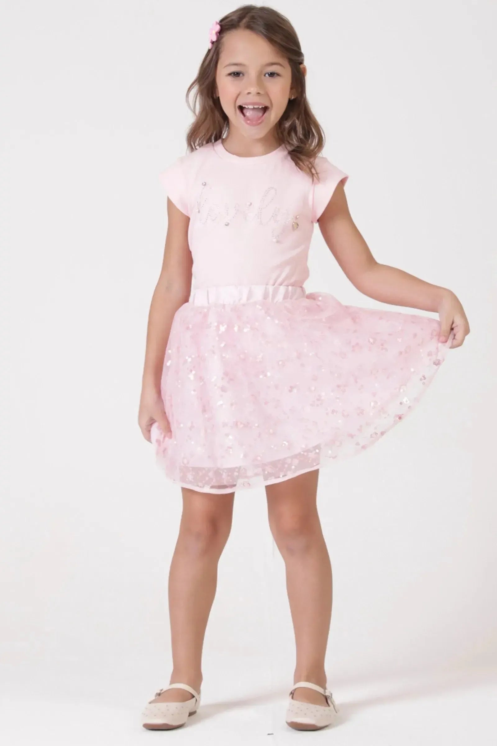 Conjunto de Blusa em Canelado Liz e Saia em Tule Bordado Paetê com Shorts Embutido 90414 Kukiê Infantil Menina
