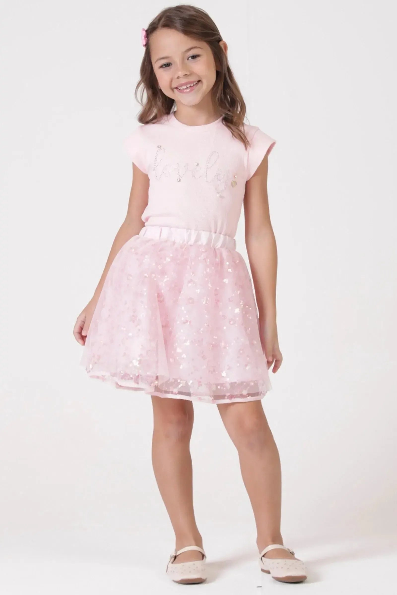 Conjunto de Blusa em Canelado Liz e Saia em Tule Bordado Paetê com Shorts Embutido 90414 Kukiê Infantil Menina