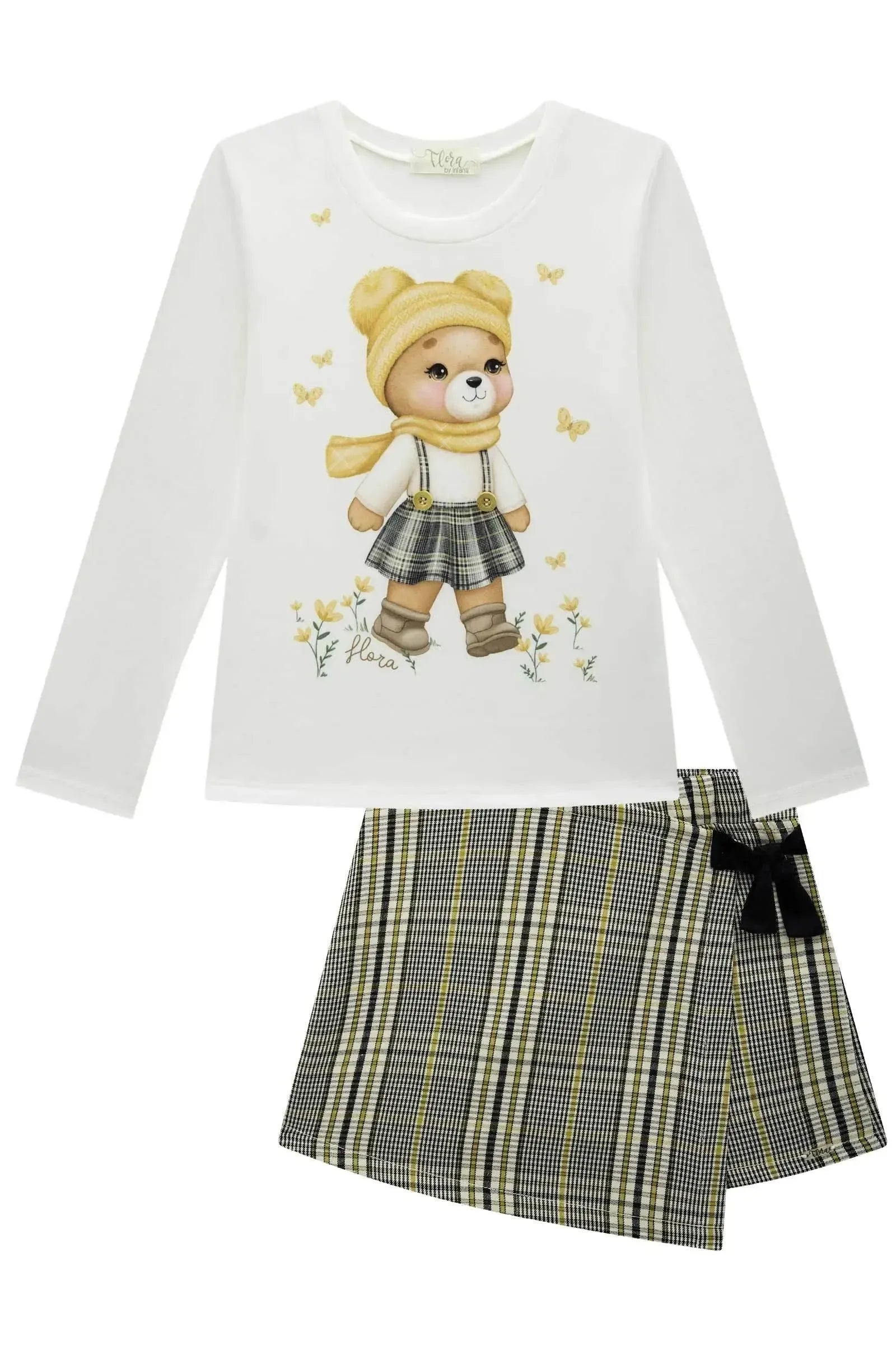 Conjunto de Blusa em Cotton com Short Saia em Alfaiataria Xadrez 91833 Infanti Infantil Menina