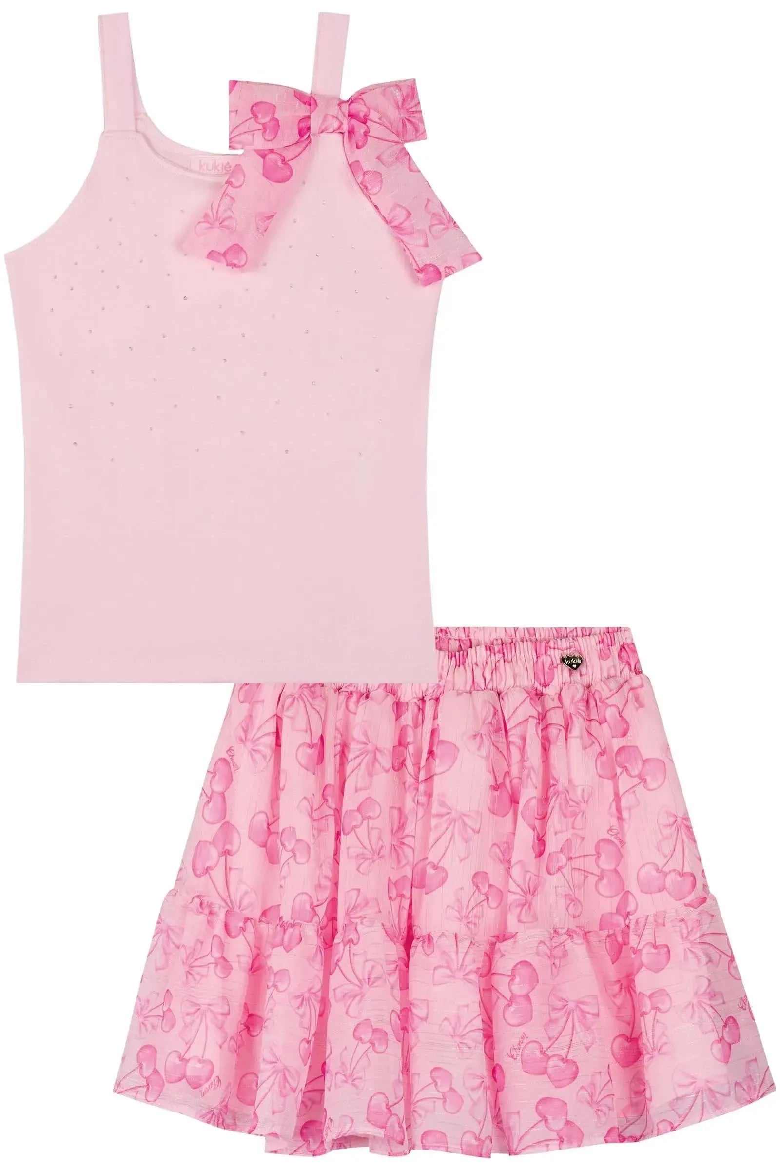 Conjunto de Blusa em Cotton e Saia em Chiffon Brilho 83731 Kukiê Infantil Menina