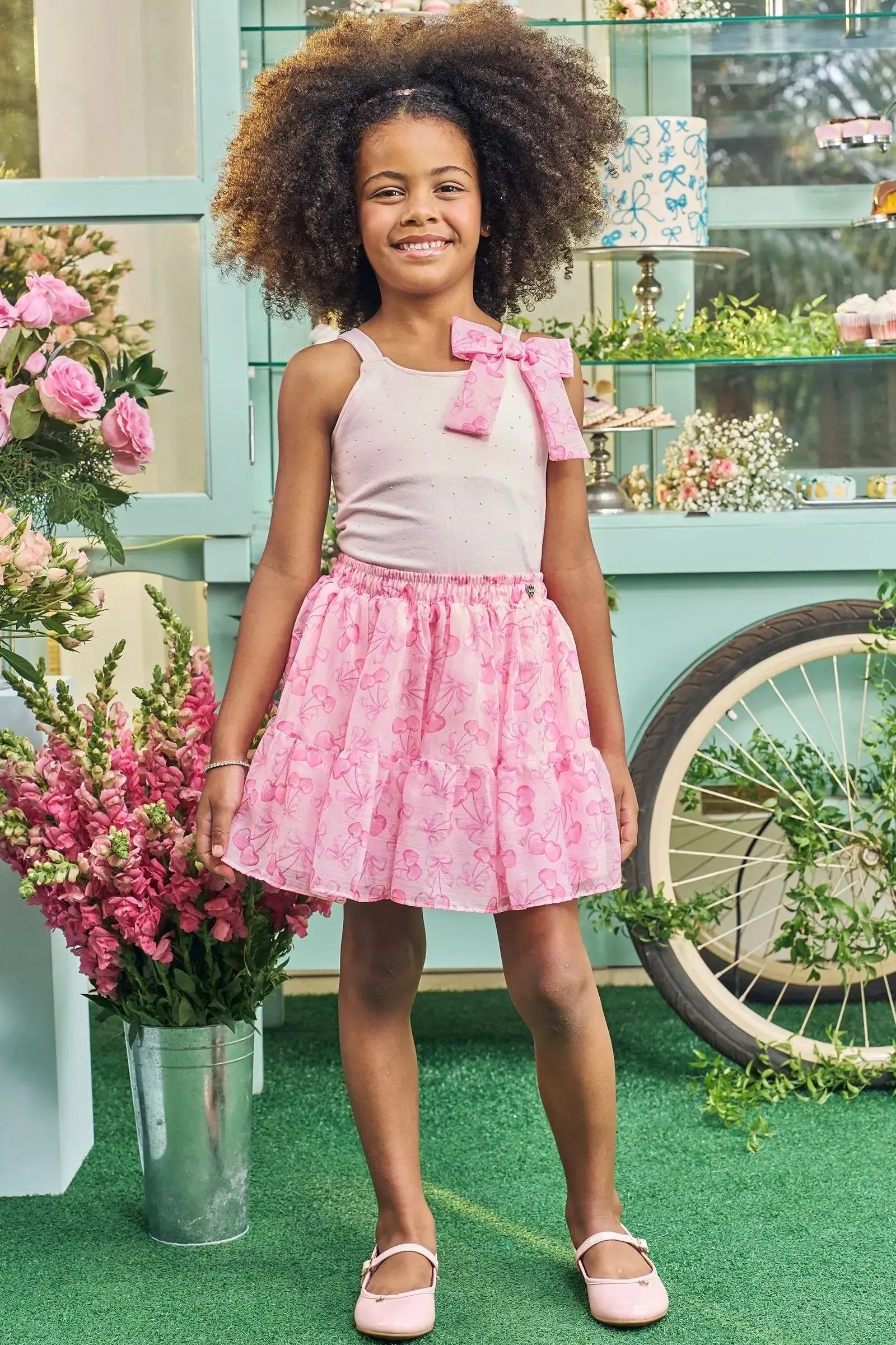 Conjunto de Blusa em Cotton e Saia em Chiffon Brilho 83731 Kukiê Infantil Menina