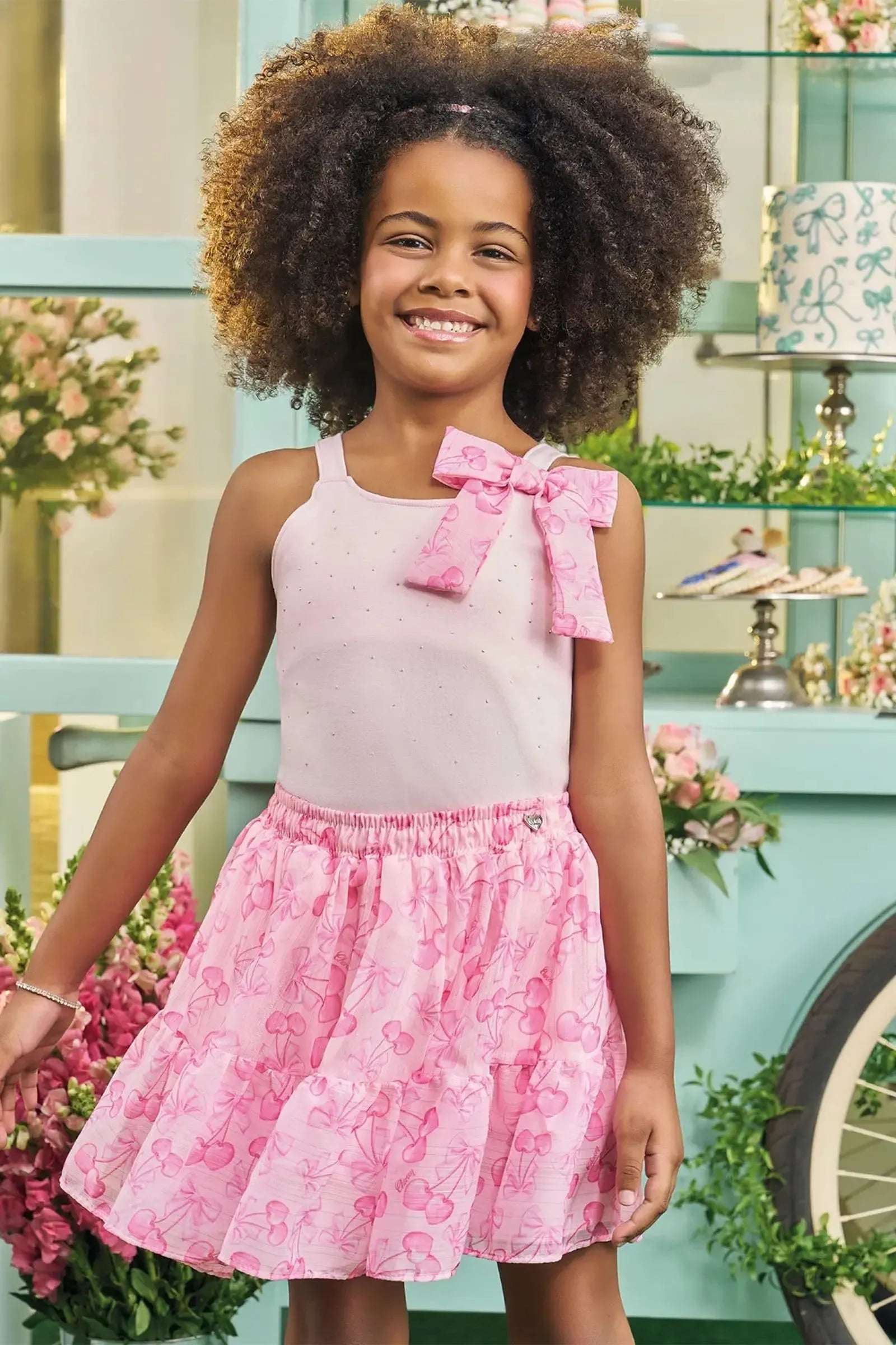 Conjunto de Blusa em Cotton e Saia em Chiffon Brilho 83731 Kukiê Infantil Menina