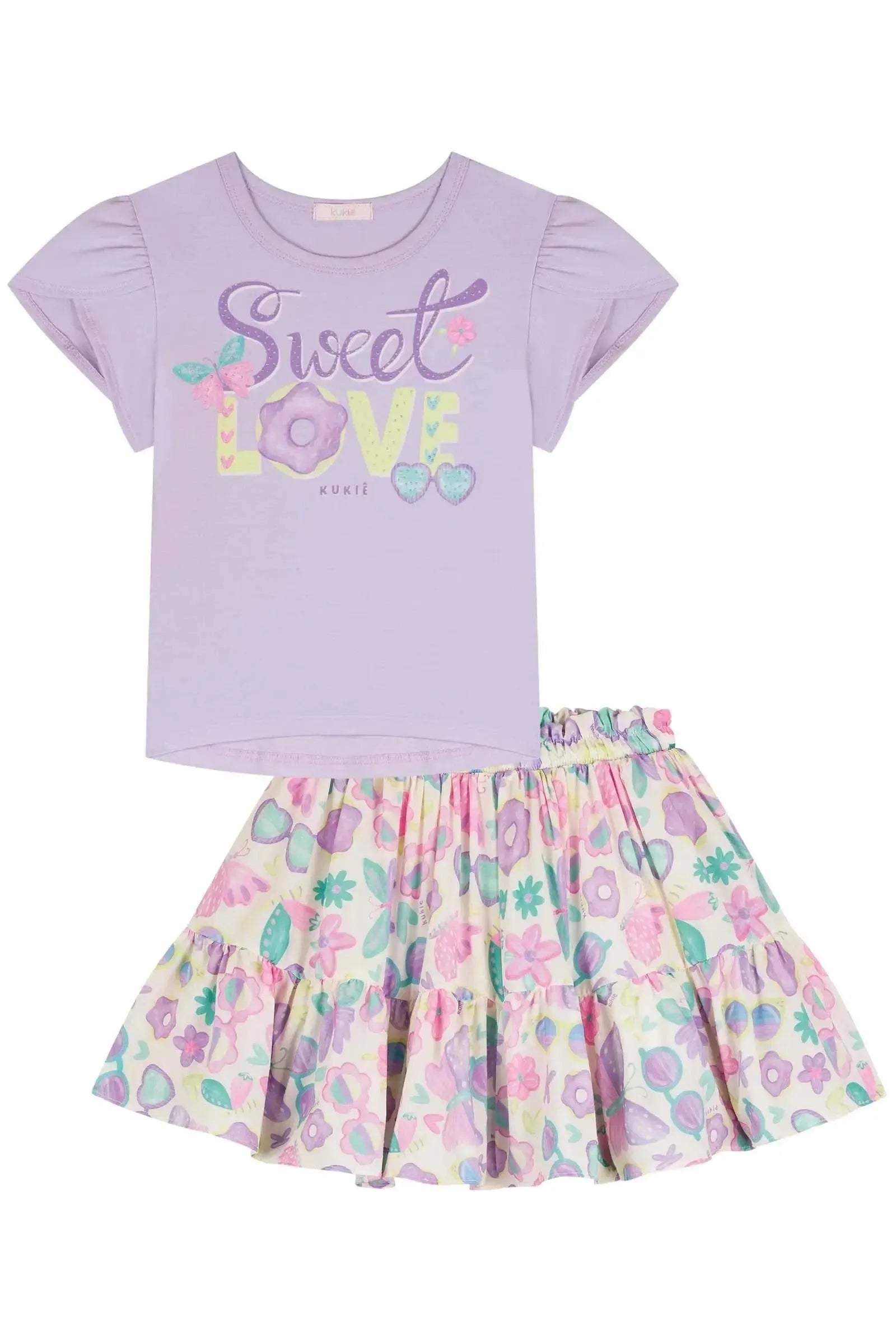 Conjunto de Blusa em Cotton e Saia em Light Peach Textura com Shorts Embutido 85259 Kukiê Infantil Menina