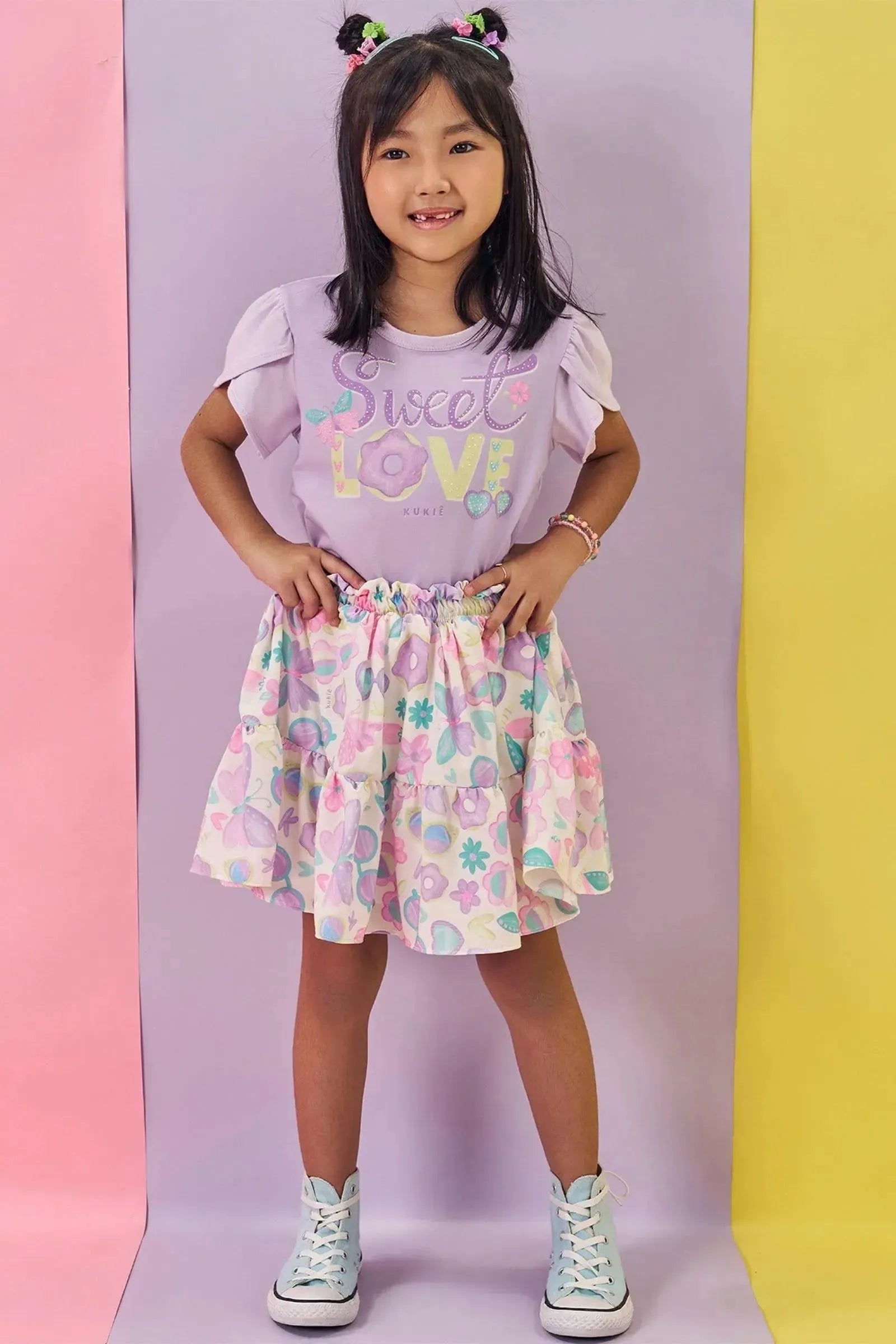 Conjunto de Blusa em Cotton e Saia em Light Peach Textura com Shorts Embutido 85259 Kukiê Infantil Menina