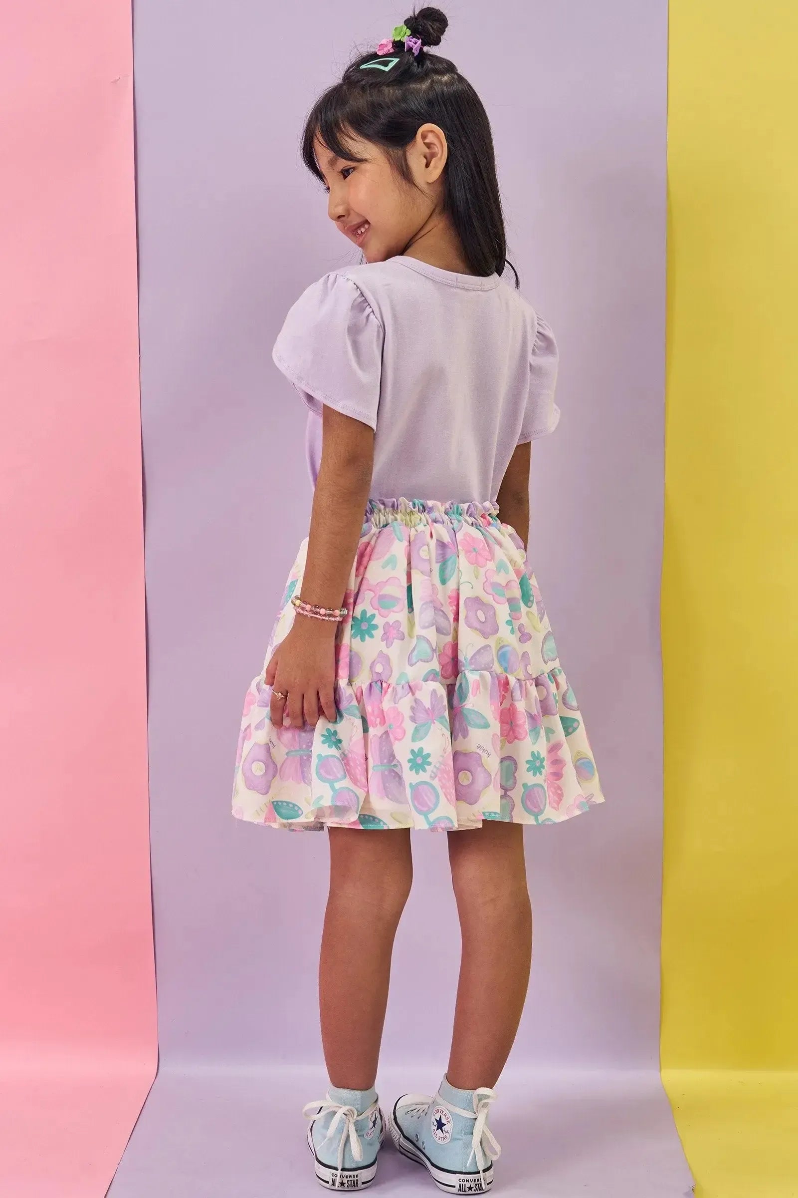 Conjunto de Blusa em Cotton e Saia em Light Peach Textura com Shorts Embutido 85259 Kukiê Infantil Menina