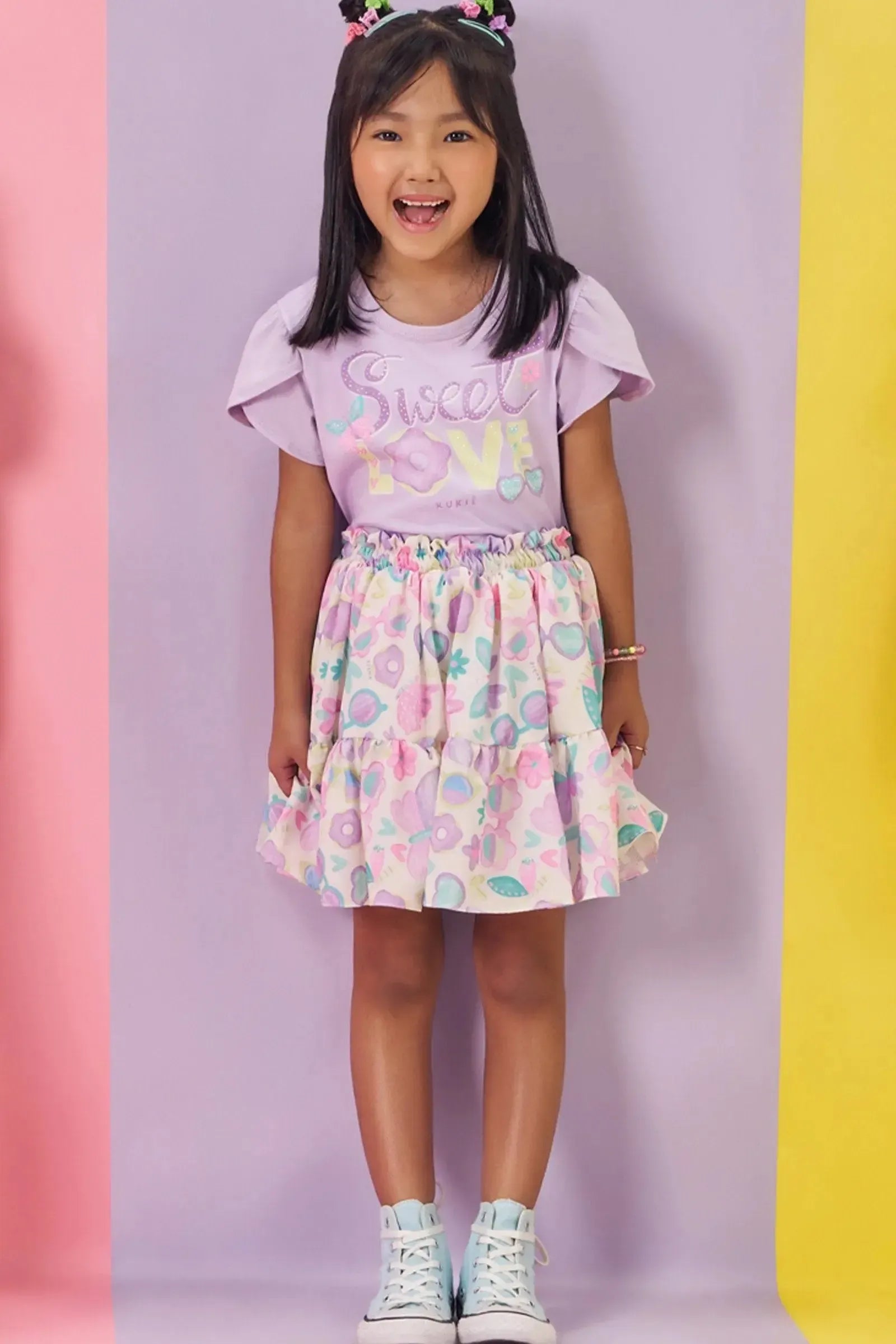 Conjunto de Blusa em Cotton e Saia em Light Peach Textura com Shorts Embutido 85259 Kukiê Infantil Menina