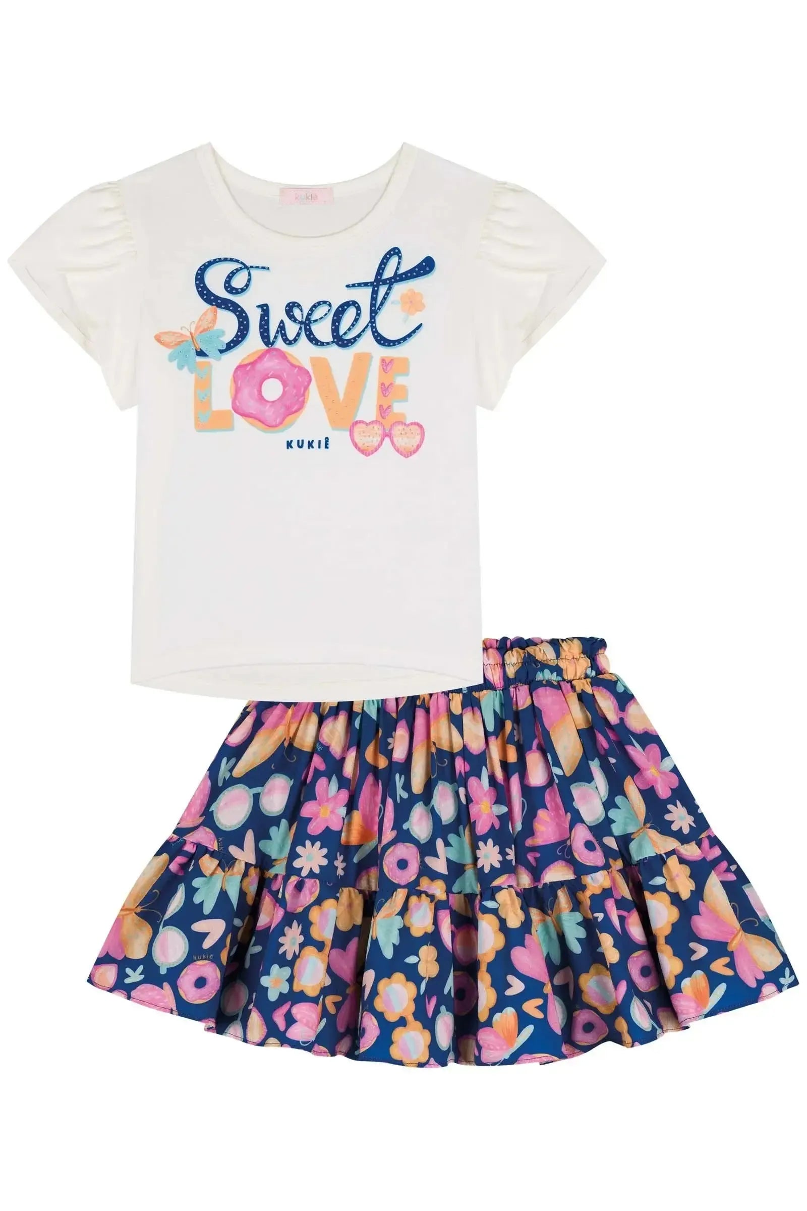 Conjunto de Blusa em Cotton e Saia em Light Peach Textura com Shorts Embutido 85259 Kukiê Infantil Menina