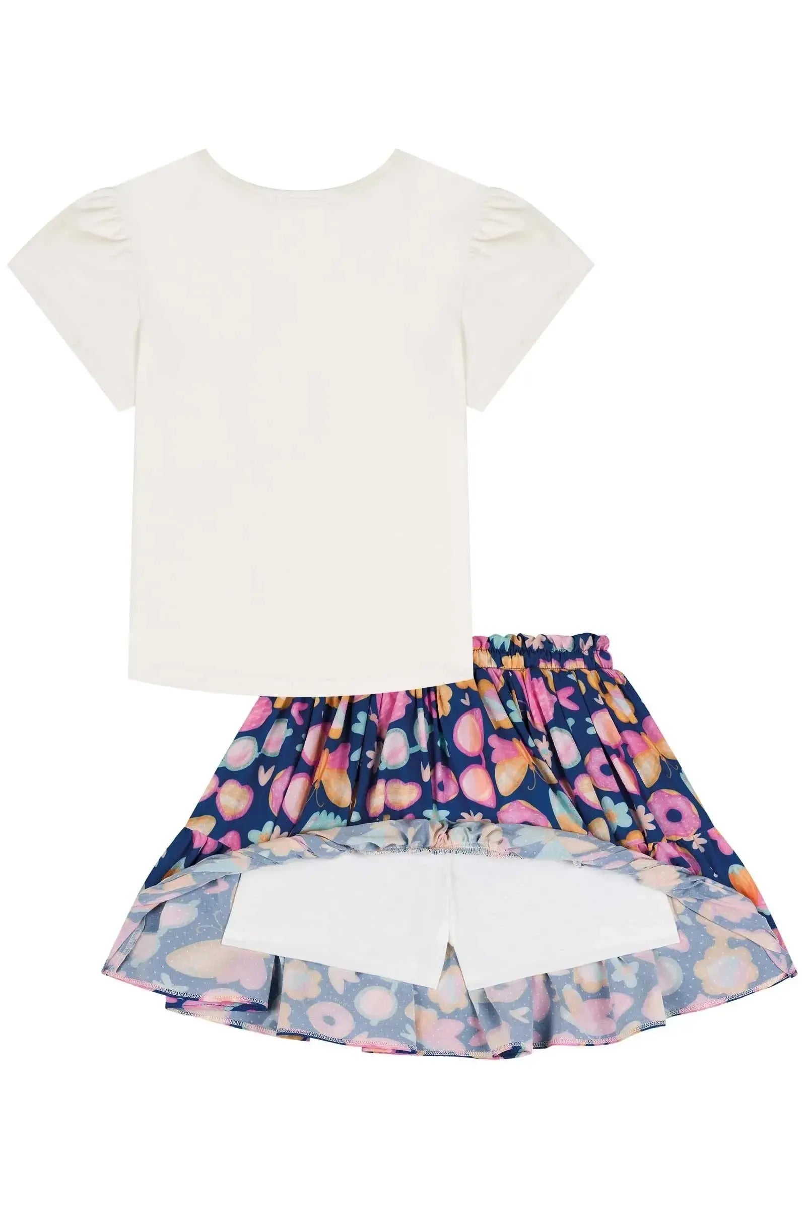 Conjunto de Blusa em Cotton e Saia em Light Peach Textura com Shorts Embutido 85259 Kukiê Infantil Menina
