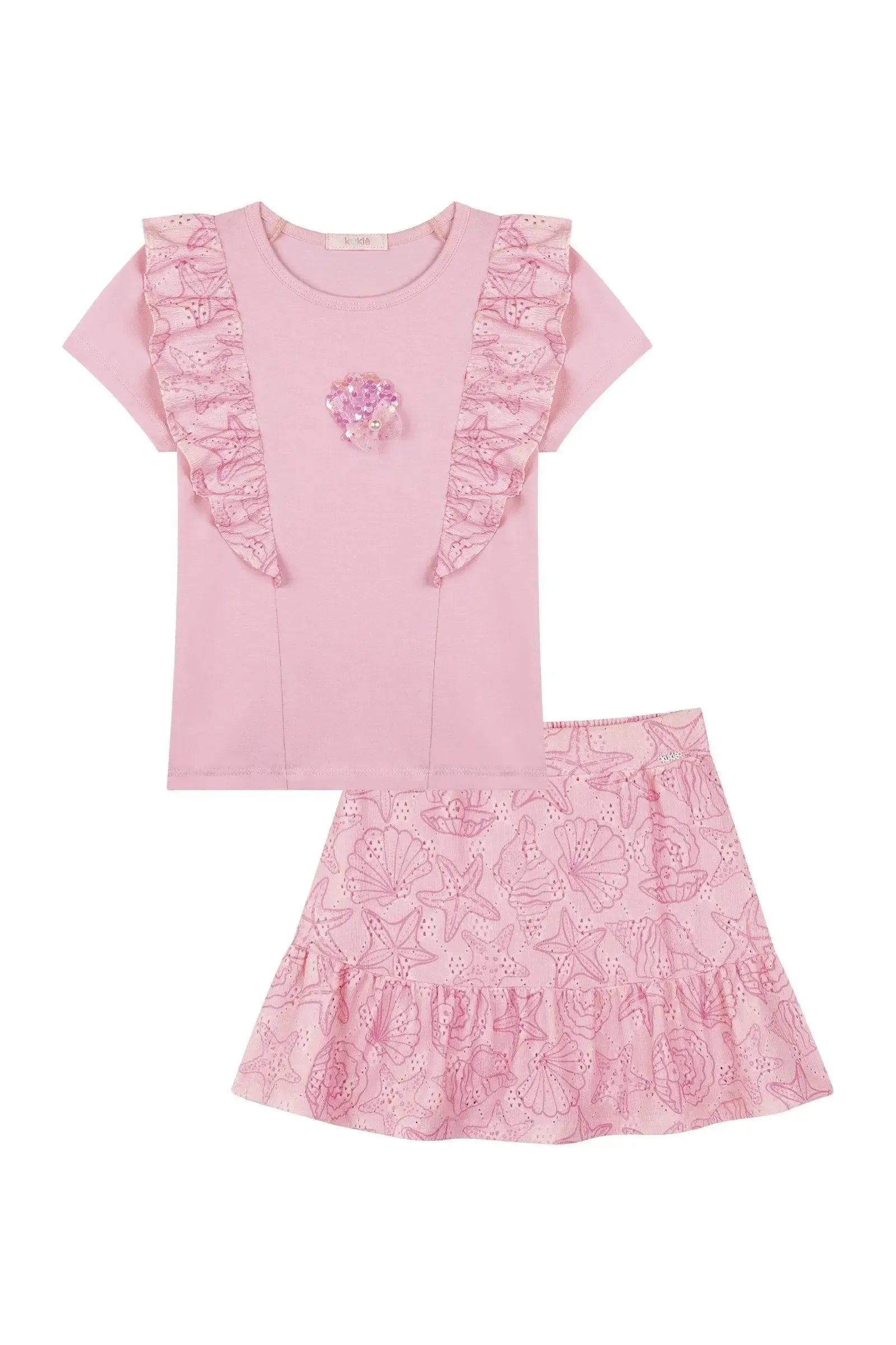Conjunto de Blusa em Cotton e Saia em Malha Laise (com Shorts Embutido) 87662 Kukiê Infantil Menina