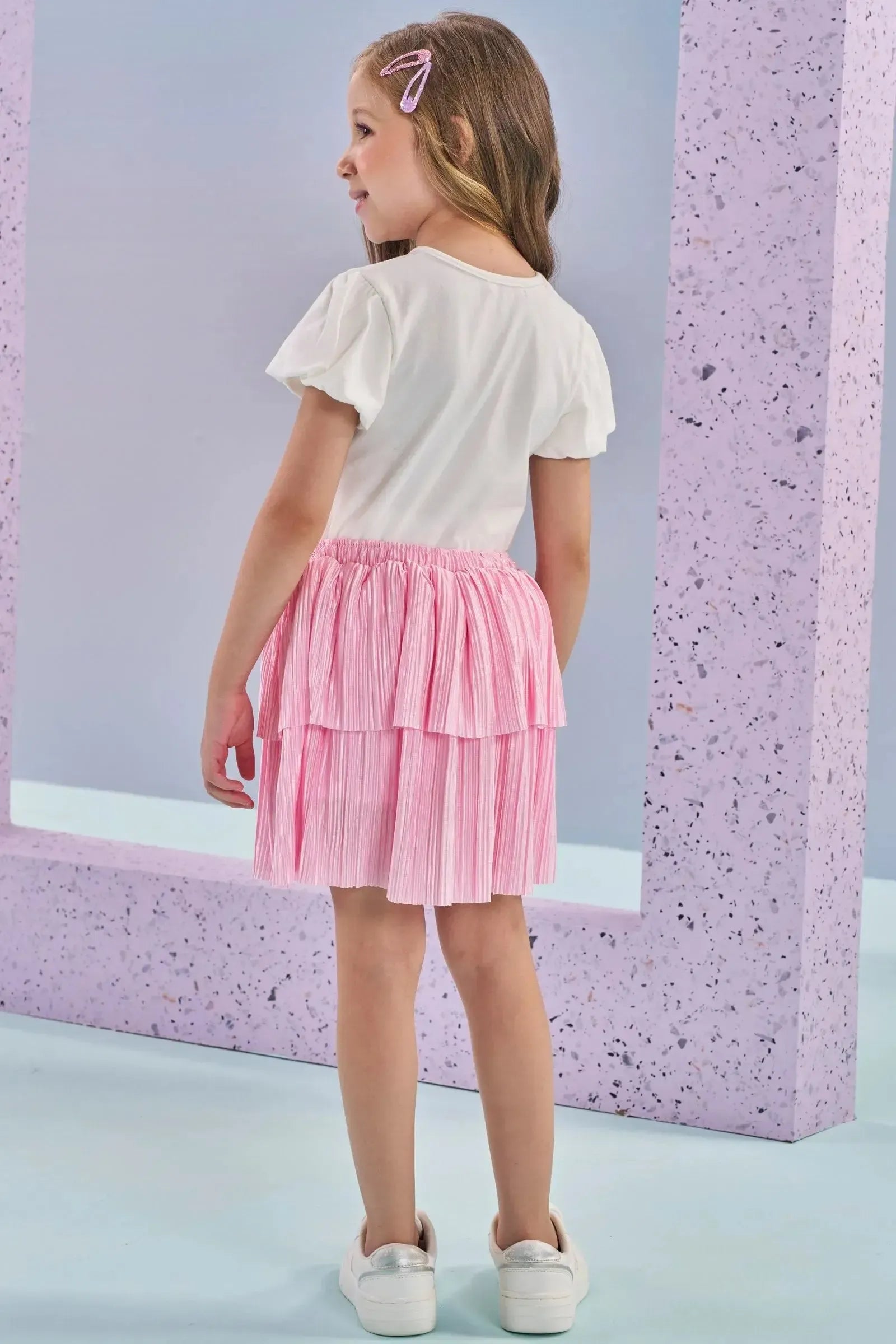 Conjunto de Blusa em Cotton e Saia em Malha Plissada Acetinada 87800 Kukiê Infantil Menina