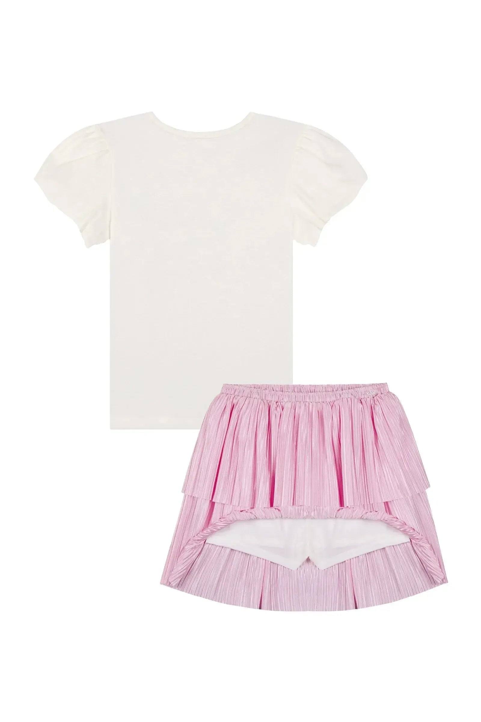 Conjunto de Blusa em Cotton e Saia em Malha Plissada Acetinada 87800 Kukiê Infantil Menina