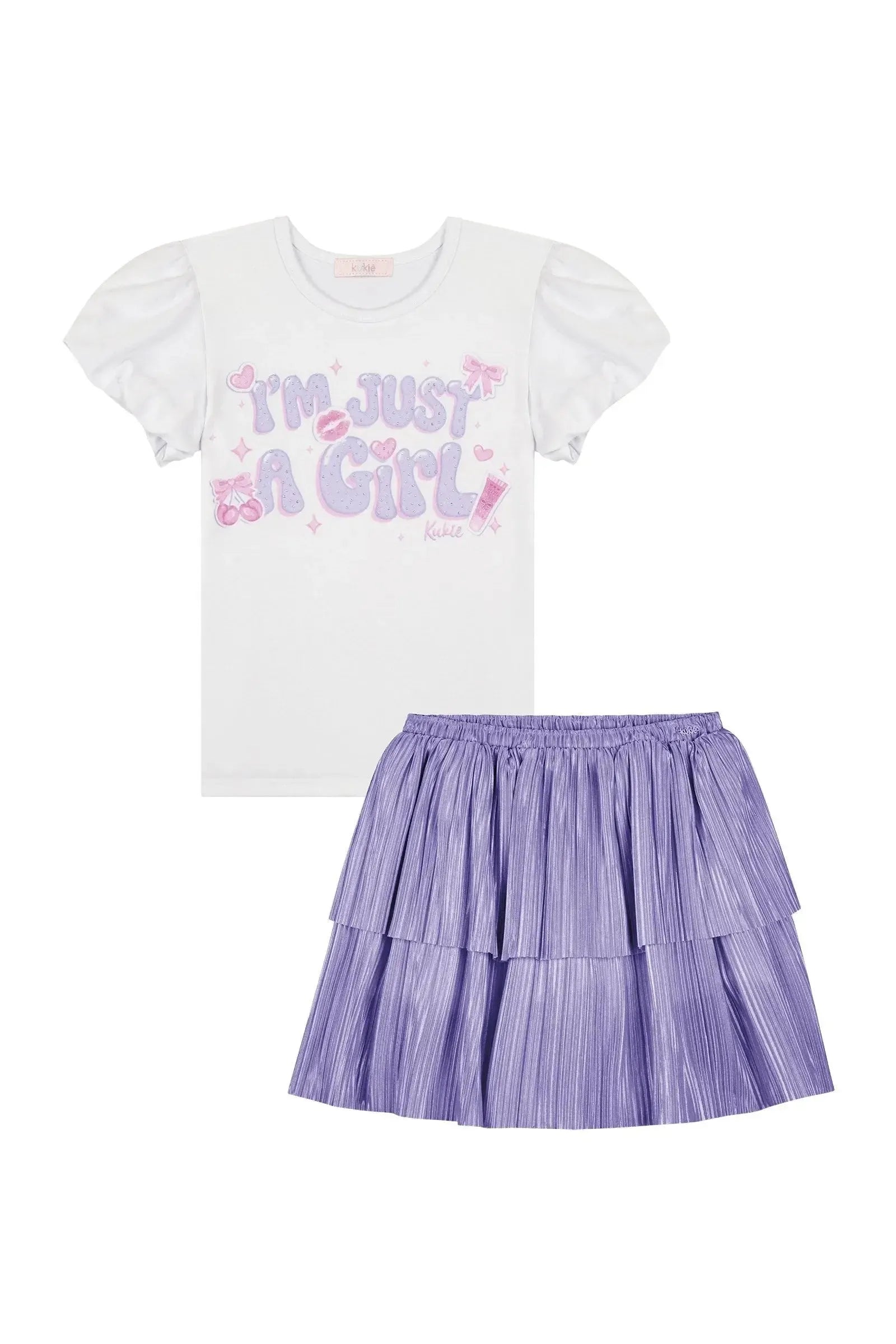 Conjunto de Blusa em Cotton e Saia em Malha Plissada Acetinada 87800 Kukiê Infantil Menina