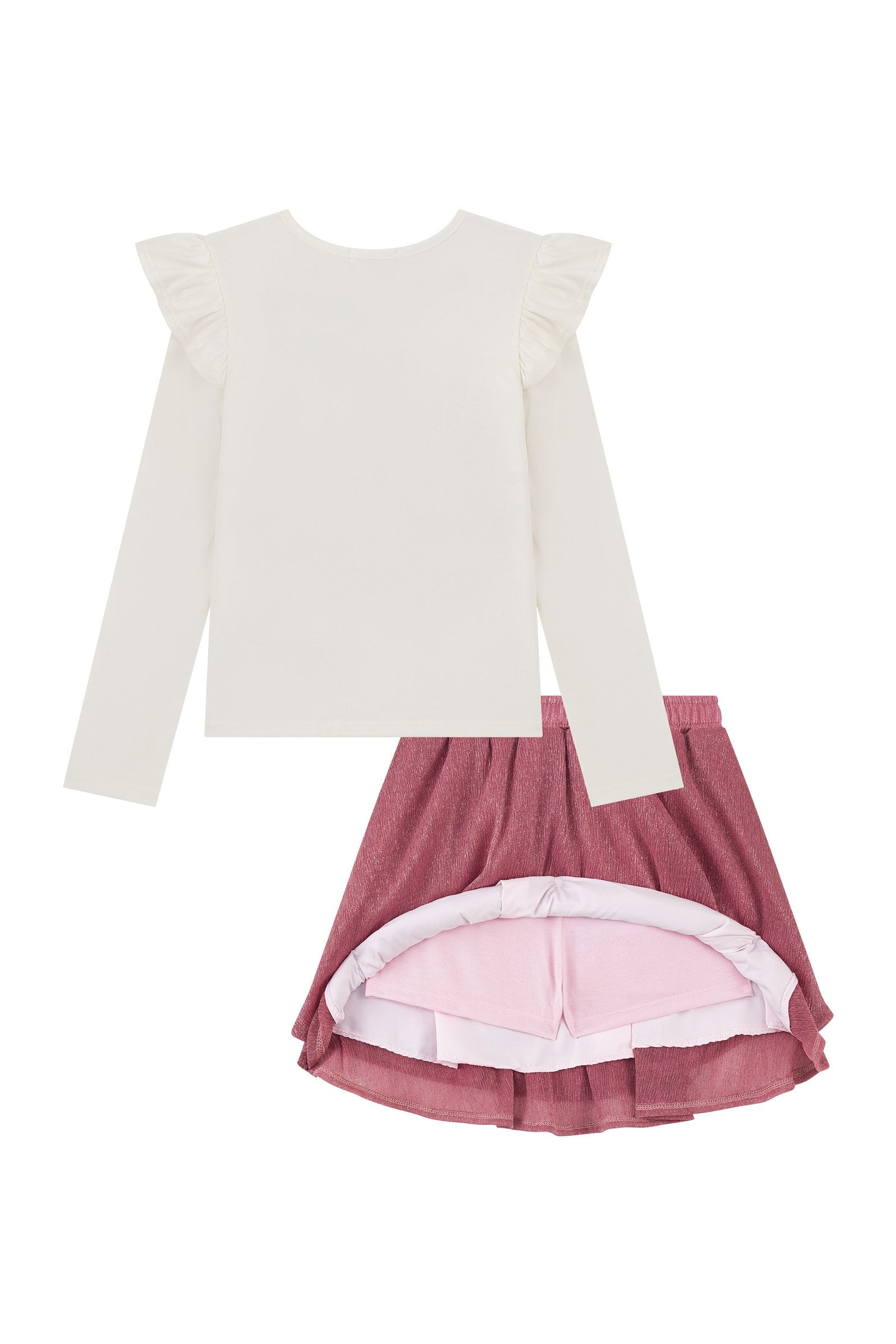 Conjunto de Blusa em Cotton e Saia em Malha Plissada Acetinada (com Shorts Embutido) 93191 Kukiê Infantil Menina