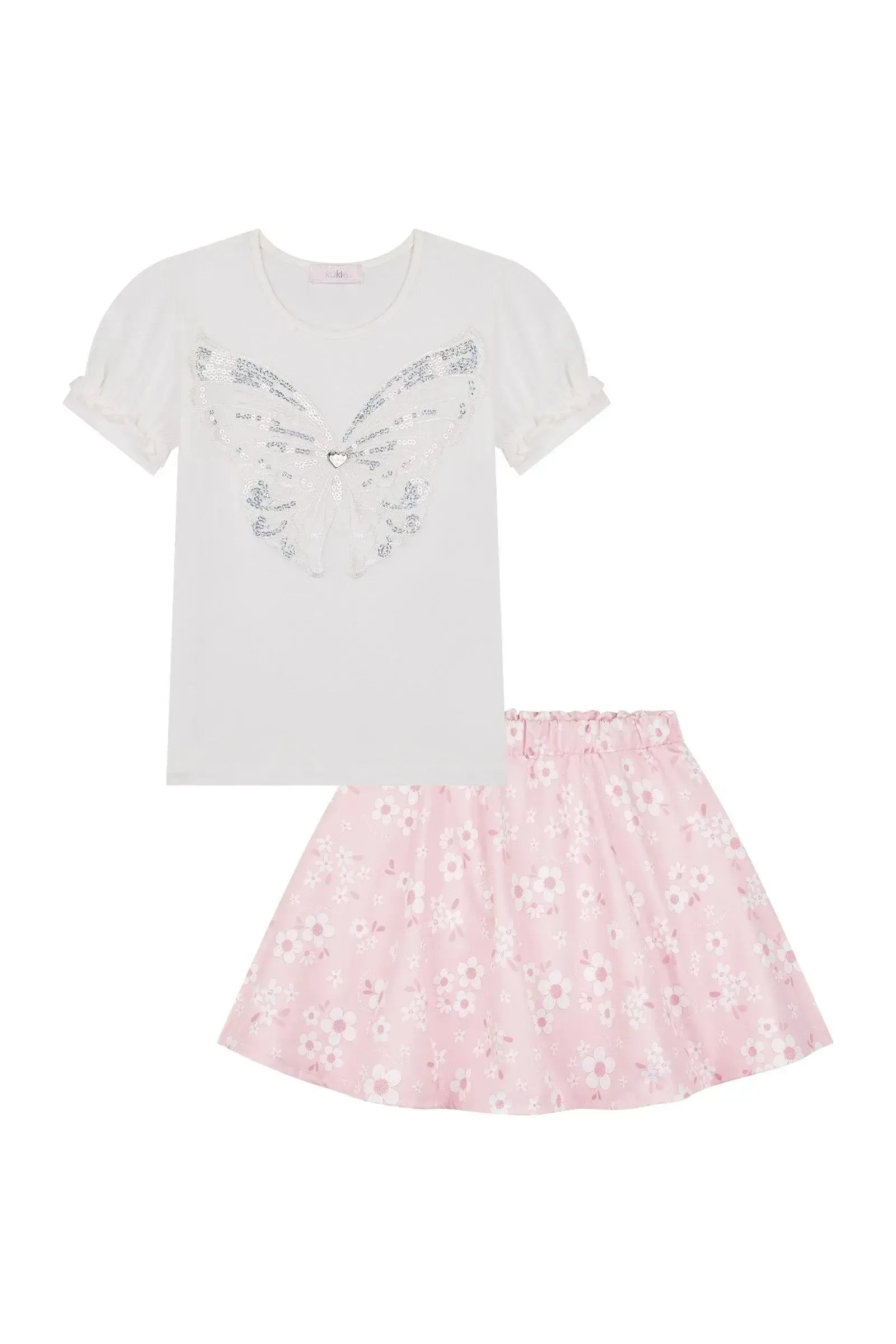 Conjunto de Blusa em Cotton e Saia em Super Cetim com Shorts Embutido 90294 Kukiê Infantil Menina