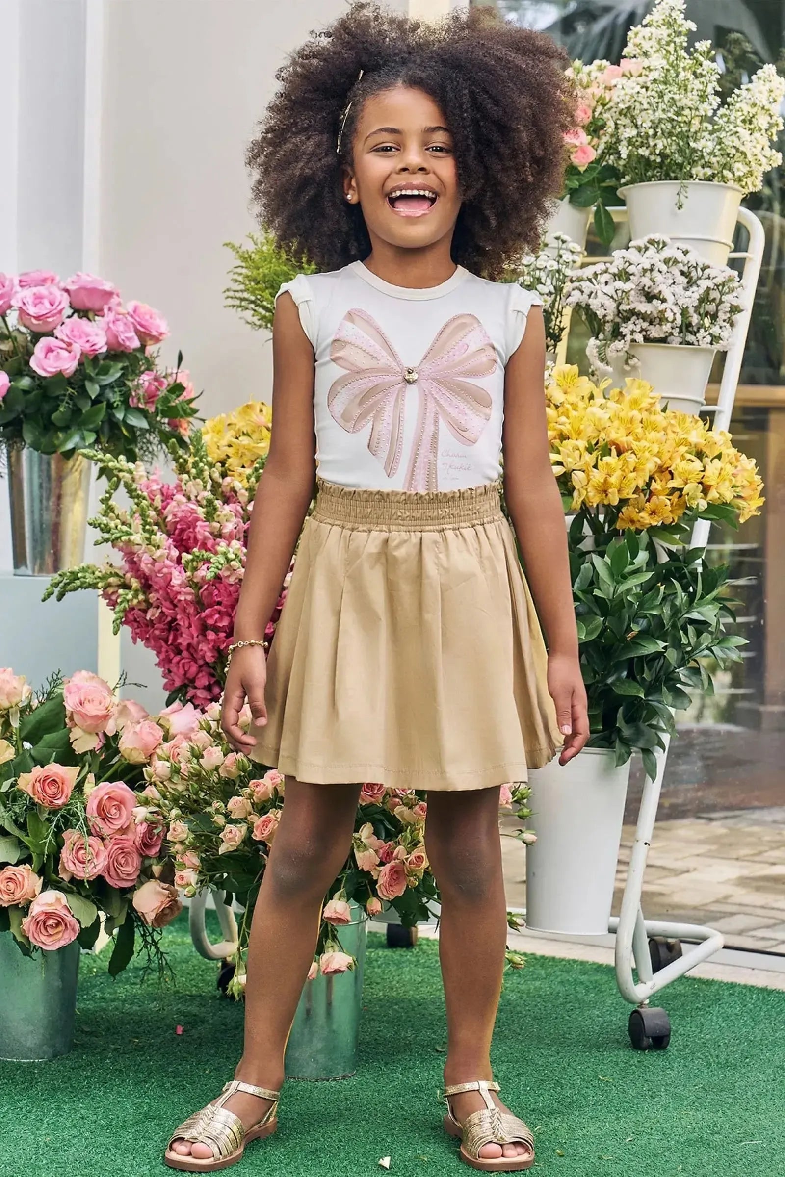 Conjunto de Blusa em Cotton e Saia em Tricoline 100% Algodão (com Shorts Embutido) 85794 Kukiê Infantil Menina