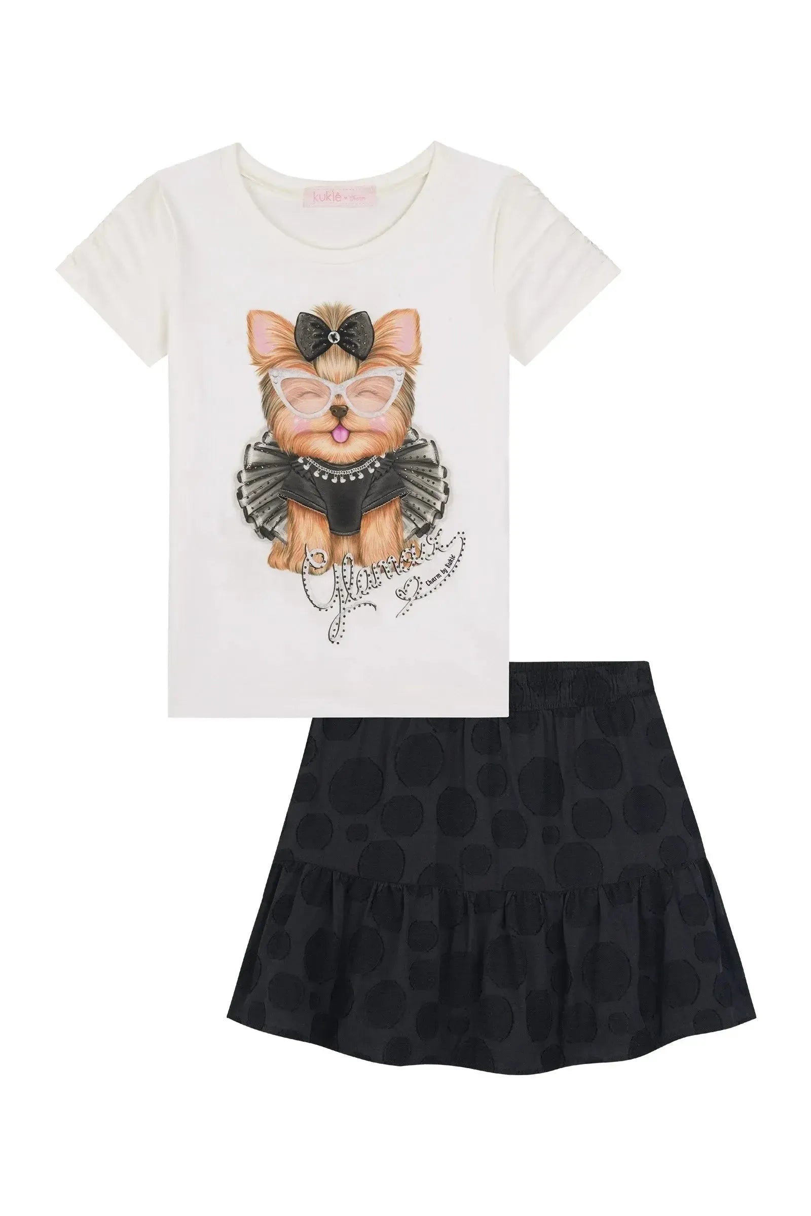 Conjunto de Blusa em Cotton e Saia em Tricoline Blend de Algodão com Shorts Embutido 88832 Kukiê Infantil Menina