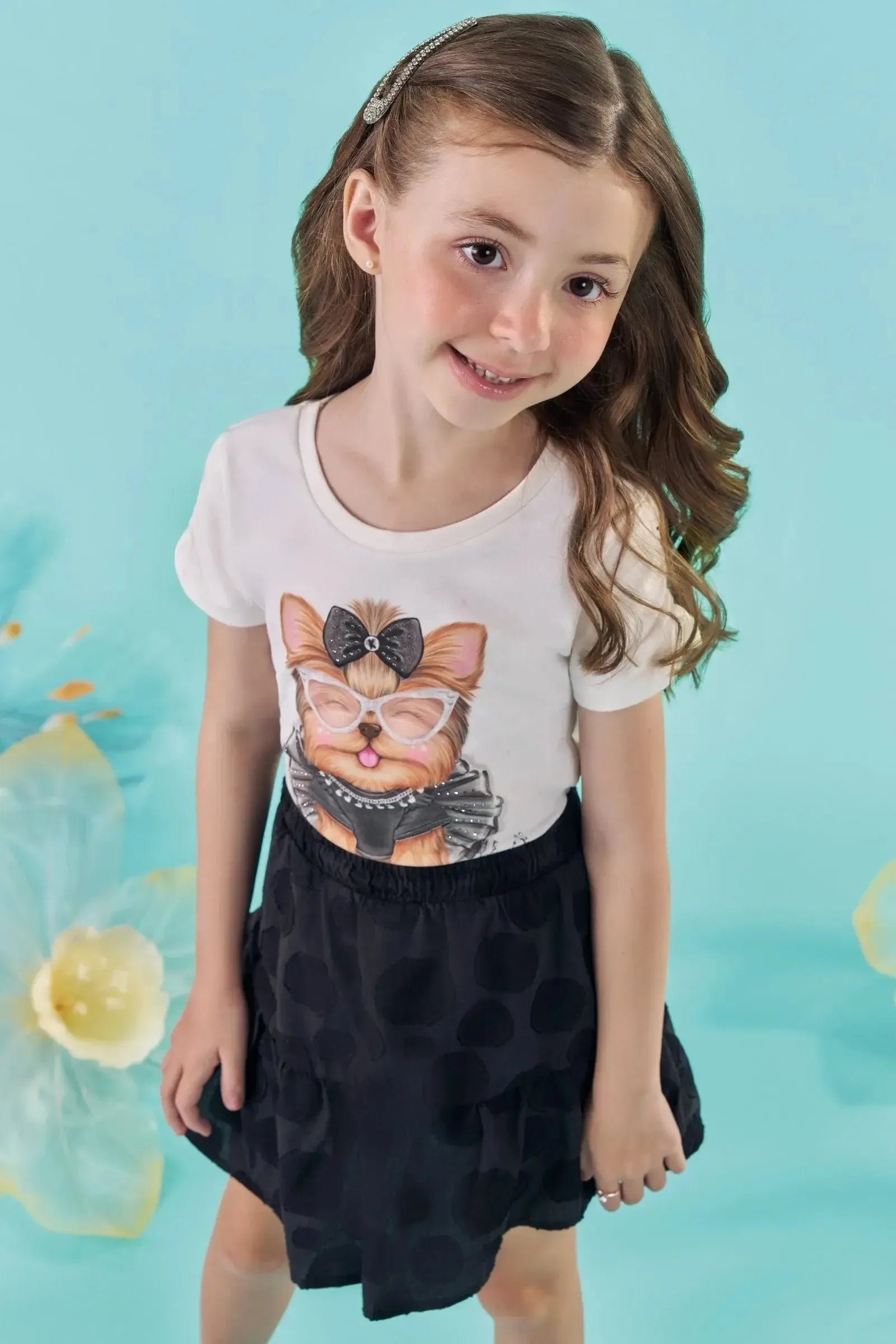 Conjunto de Blusa em Cotton e Saia em Tricoline Blend de Algodão com Shorts Embutido 88832 Kukiê Infantil Menina