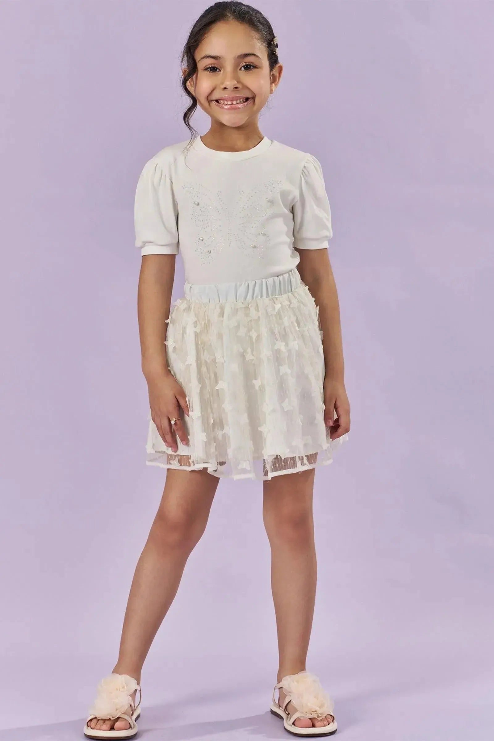 Conjunto de Blusa em Cotton e Saia em Tule Bordado Borboletas (com Shorts Embutido) 83936 Kukiê Infantil Menina