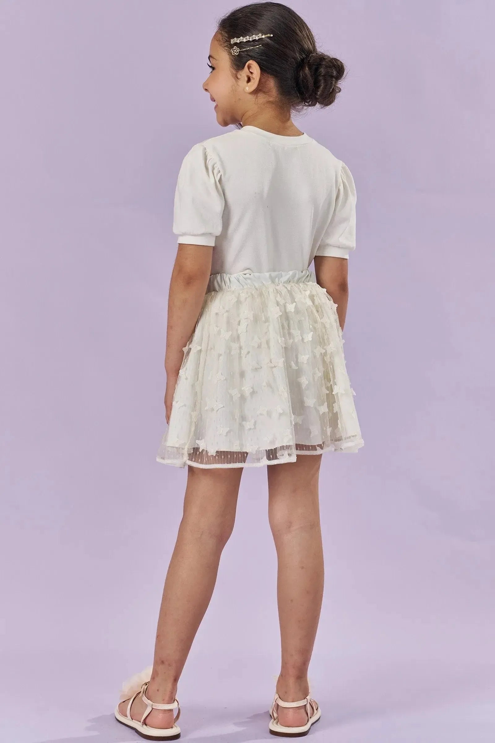 Conjunto de Blusa em Cotton e Saia em Tule Bordado Borboletas (com Shorts Embutido) 83936 Kukiê Infantil Menina