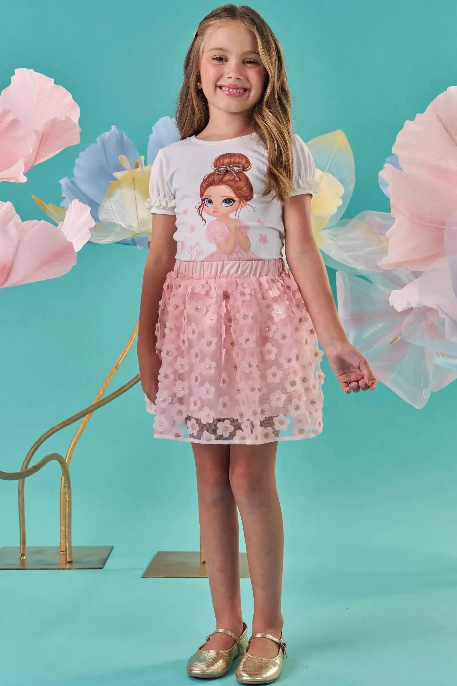 Conjunto de Blusa em Cotton e Saia em Tule Bordado Flores com Shorts Embutido 87329 Kukiê Infantil Menina