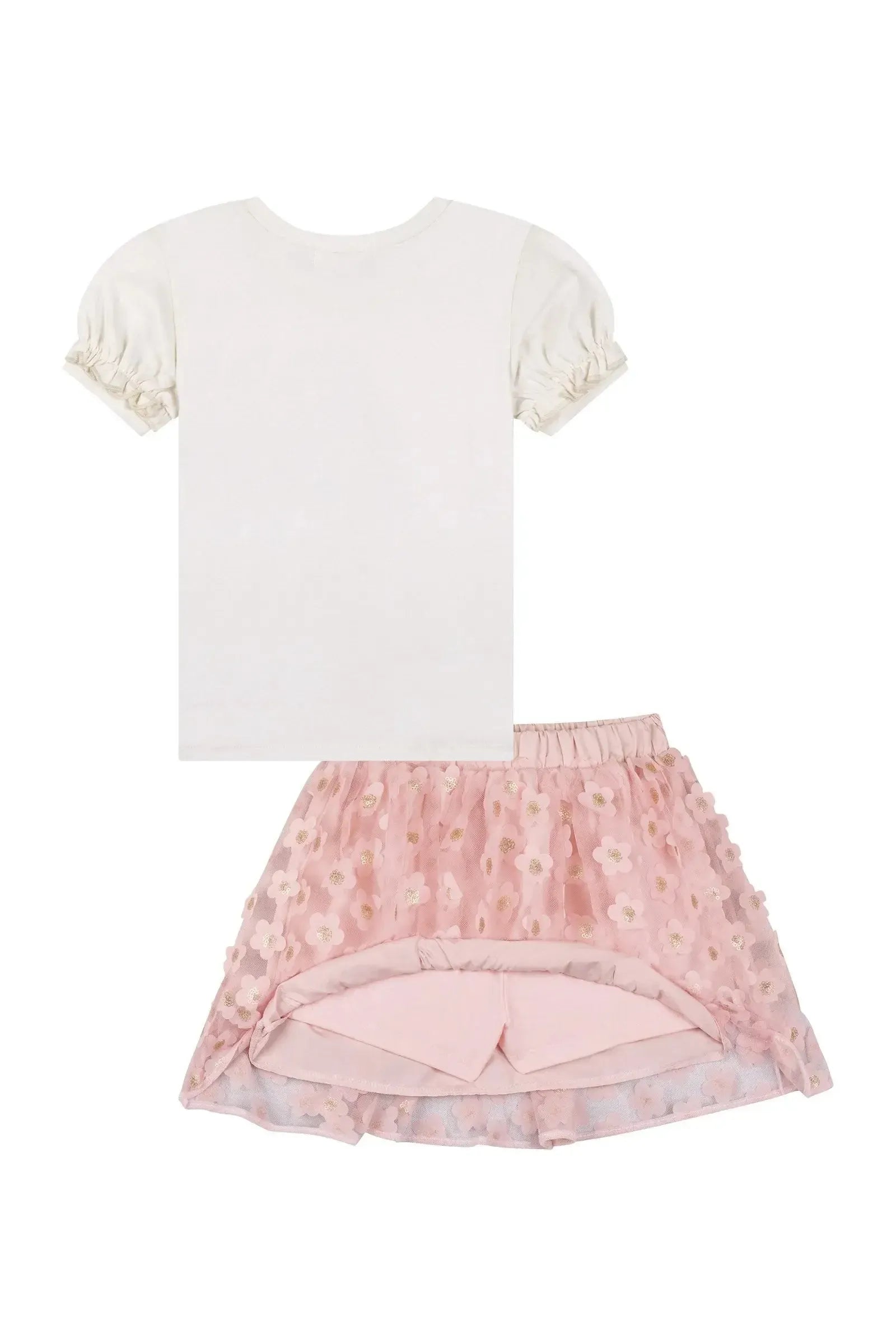 Conjunto de Blusa em Cotton e Saia em Tule Bordado Flores com Shorts Embutido 87329 Kukiê Infantil Menina