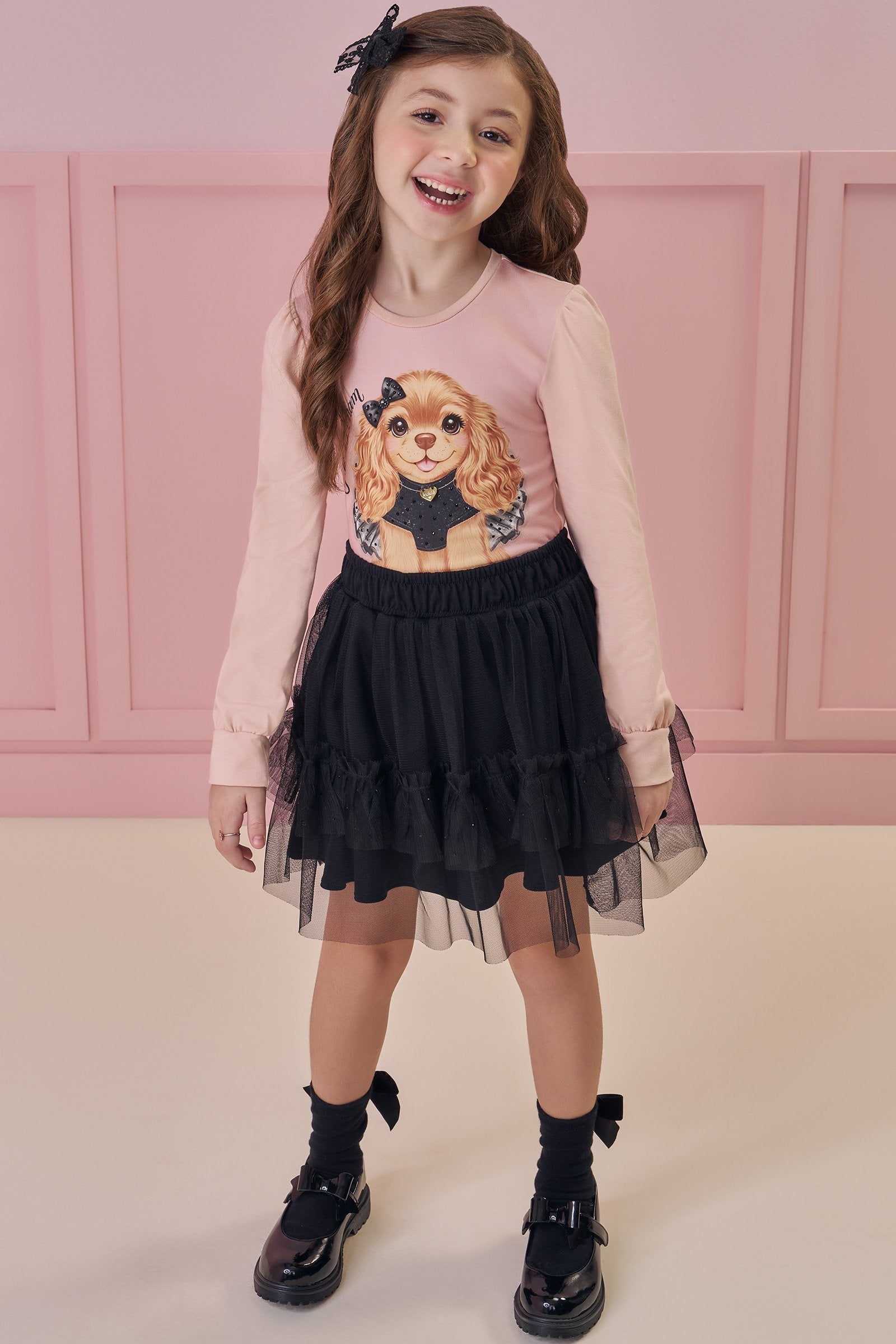 Conjunto de Blusa em Cotton e Saia em Tule com Elastano (com Shorts Embutido) 91832 Kukiê Infantil Menina