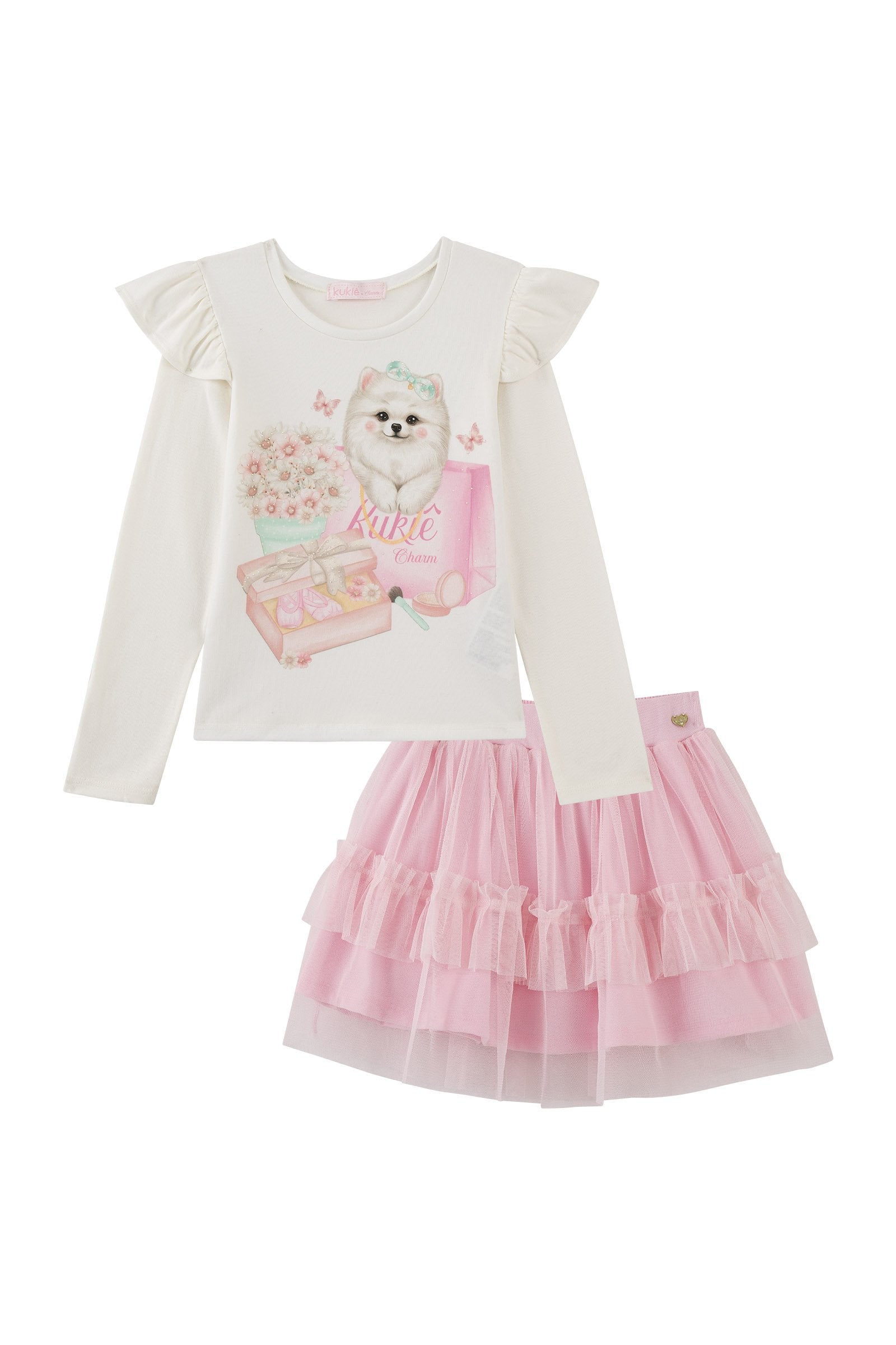 Conjunto de Blusa em Cotton e Saia em Tule com Elastano (com Shorts Embutido) 91863 Kukiê Infantil Menina