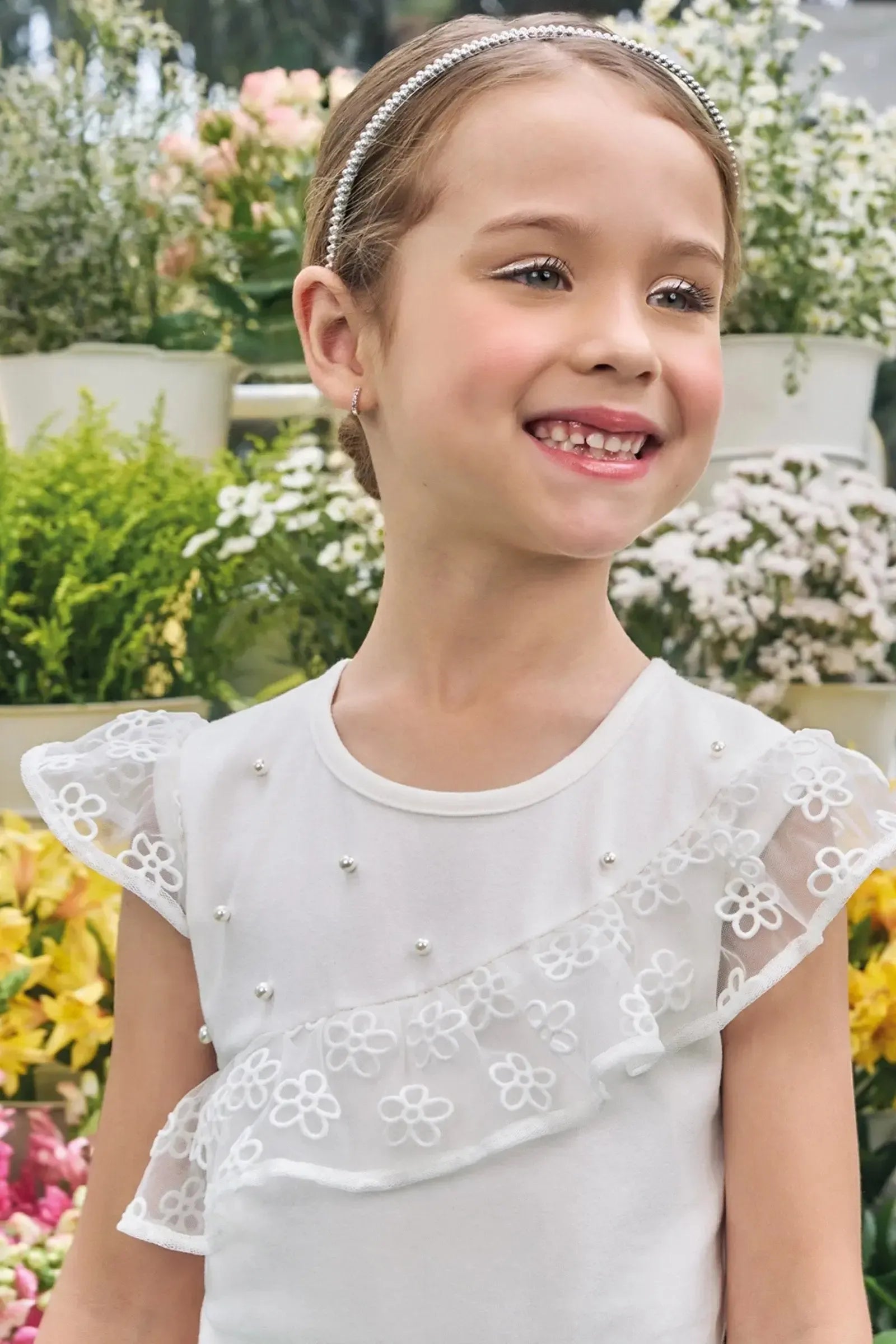 Conjunto de Blusa em Cotton e Saia em Tule Flocado (com Shorts Embutido) 83198 Kukiê Infantil Menina