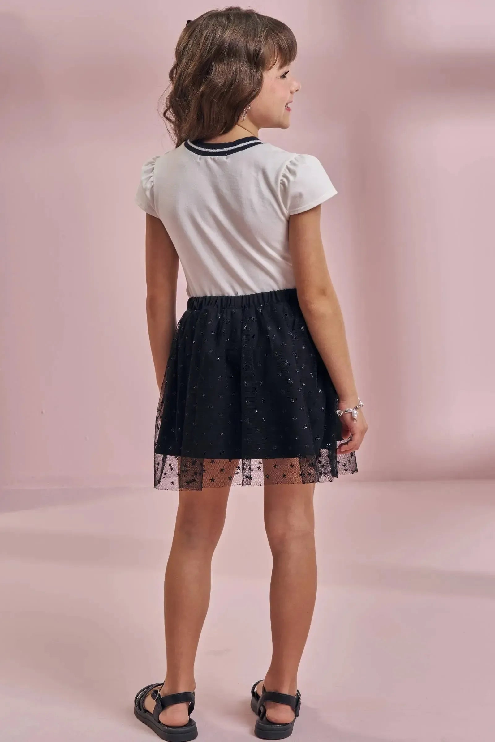 Conjunto de Blusa em Cotton e Saia em Tule Glitter Estrelas (com Shorts Embutido) 96789 Kukiê Infantil Menina