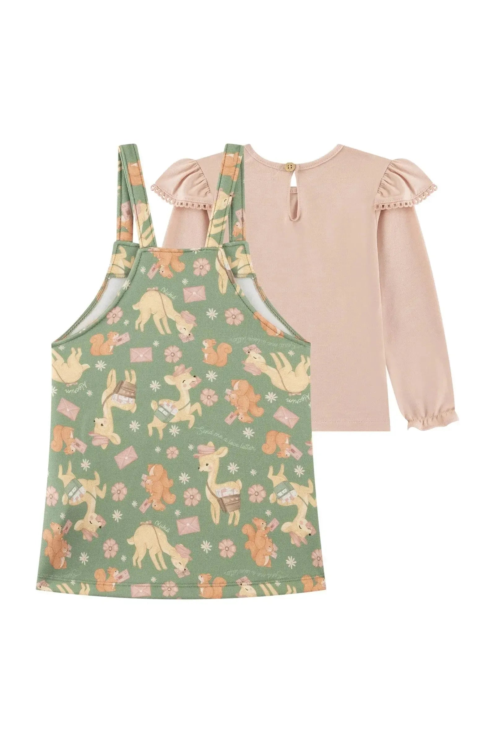 Conjunto de Blusa em Cotton e Salopete em Moletom com Pelúcia 90309 Kukiê Bebê Menina