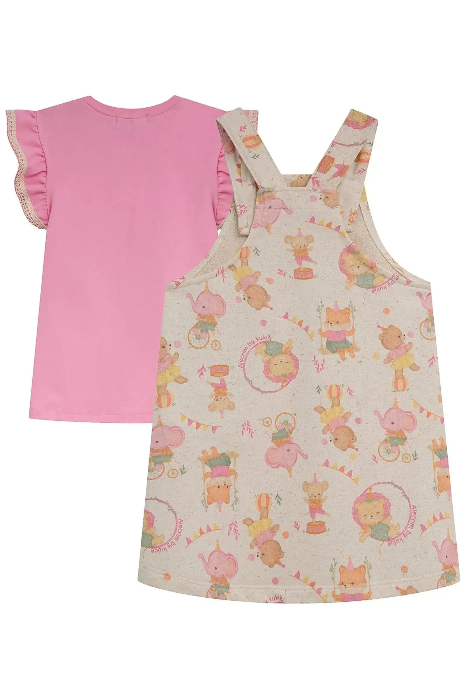 Conjunto de Blusa em Cotton e Salopete em Moletom Linho sem Pelúcia 96013 Kukiê Infantil Menina