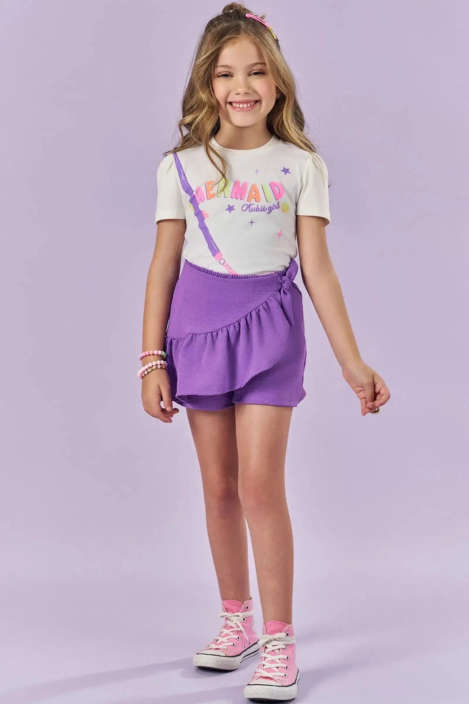 Conjunto de Blusa em Cotton e Short Saia em Air Flow 86016 Kukiê Infantil Menina